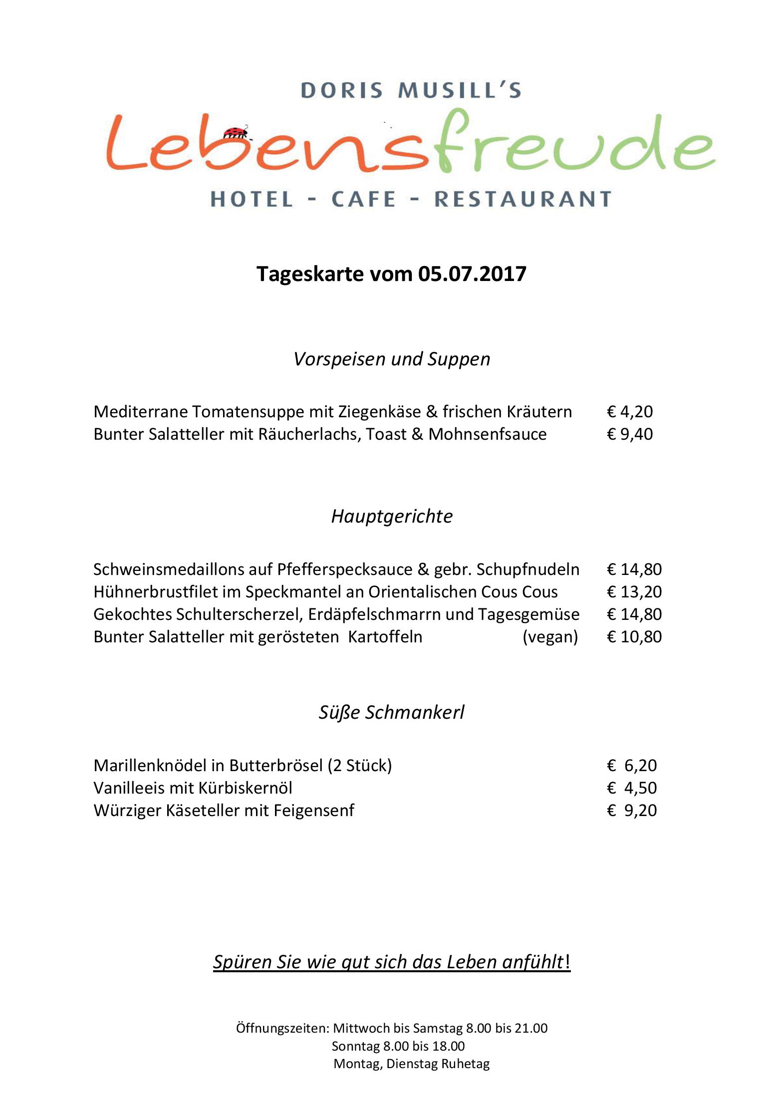Speisekarte Lebensfreude Hotel Cafè-Restaurant in Bad Mitterndorf in Bad Mitterndorf, Seite 1