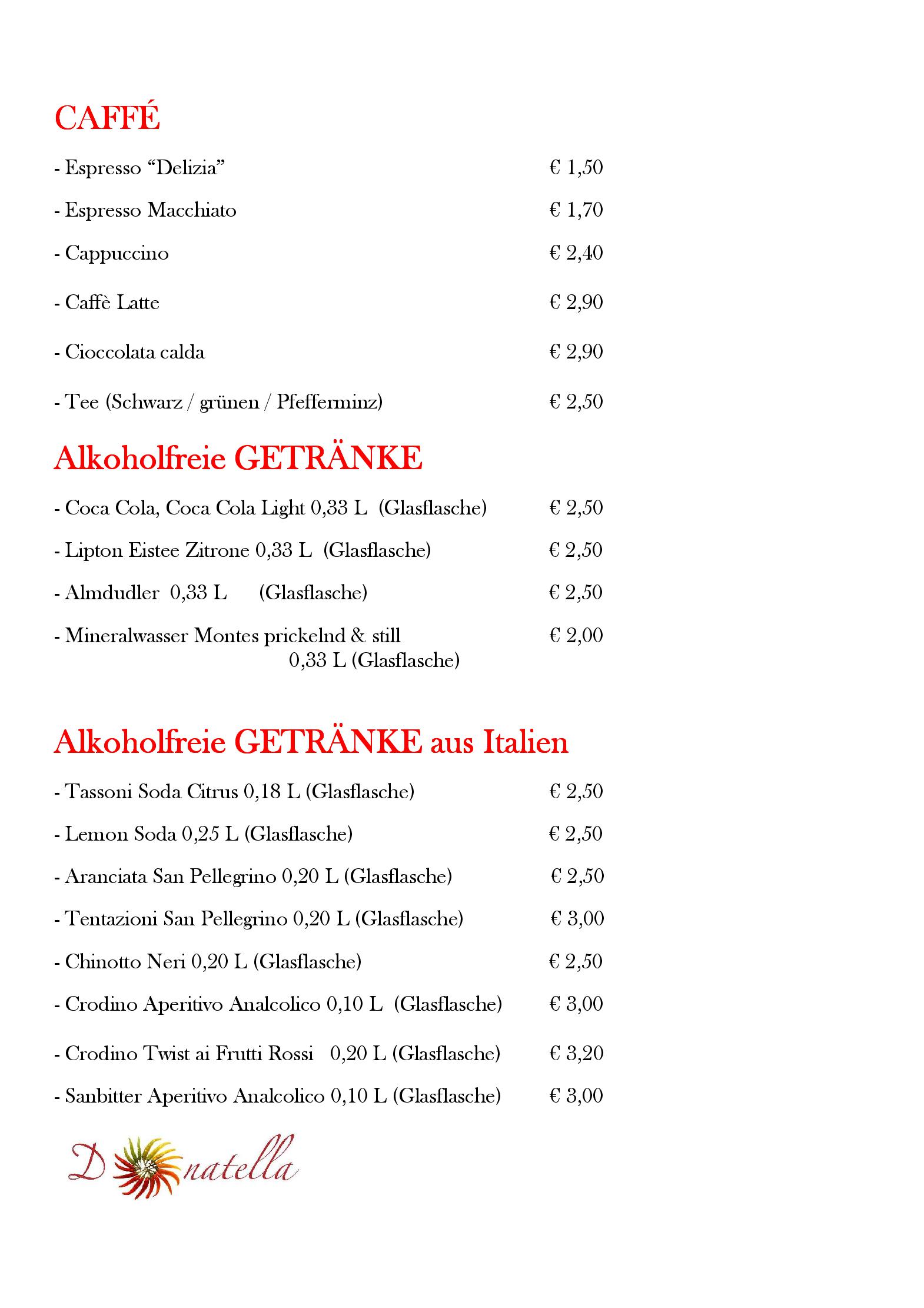 Speisekarte Donatella KG in Wien, Seite 1