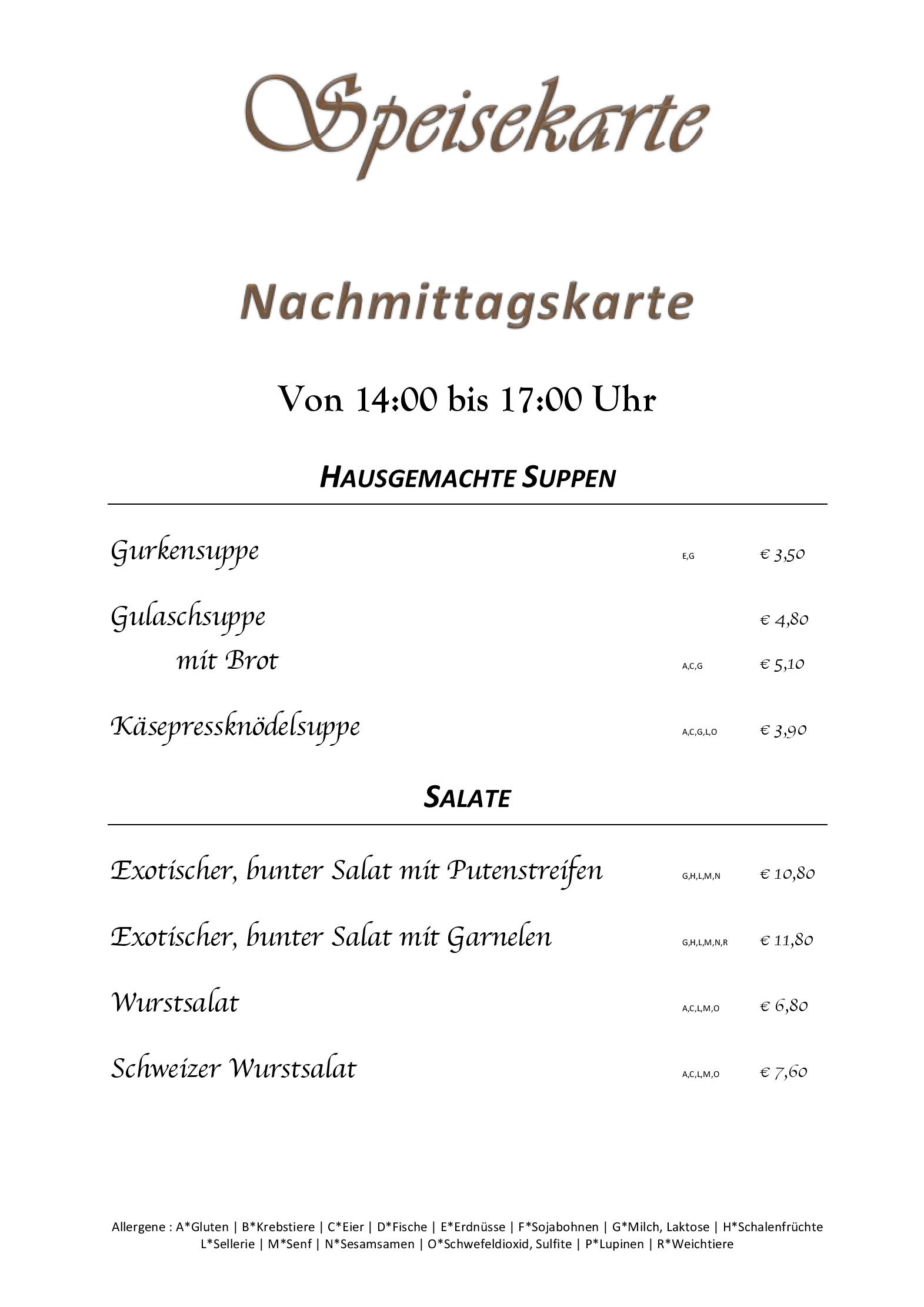Speisekarte Haus Diana in Höfen, Seite 1