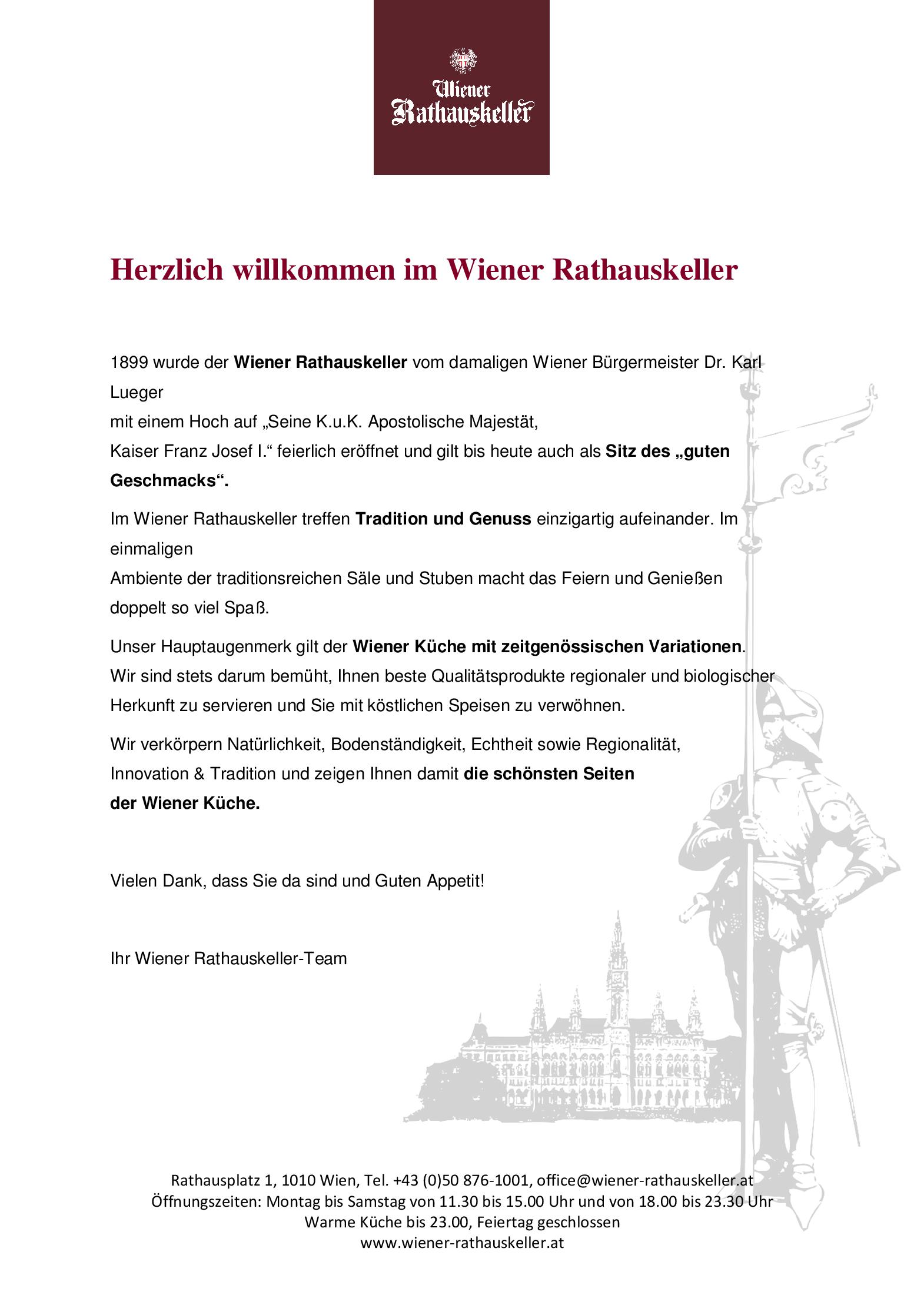 Speisekarte Wiener Rathauskeller in Wien, Seite 1