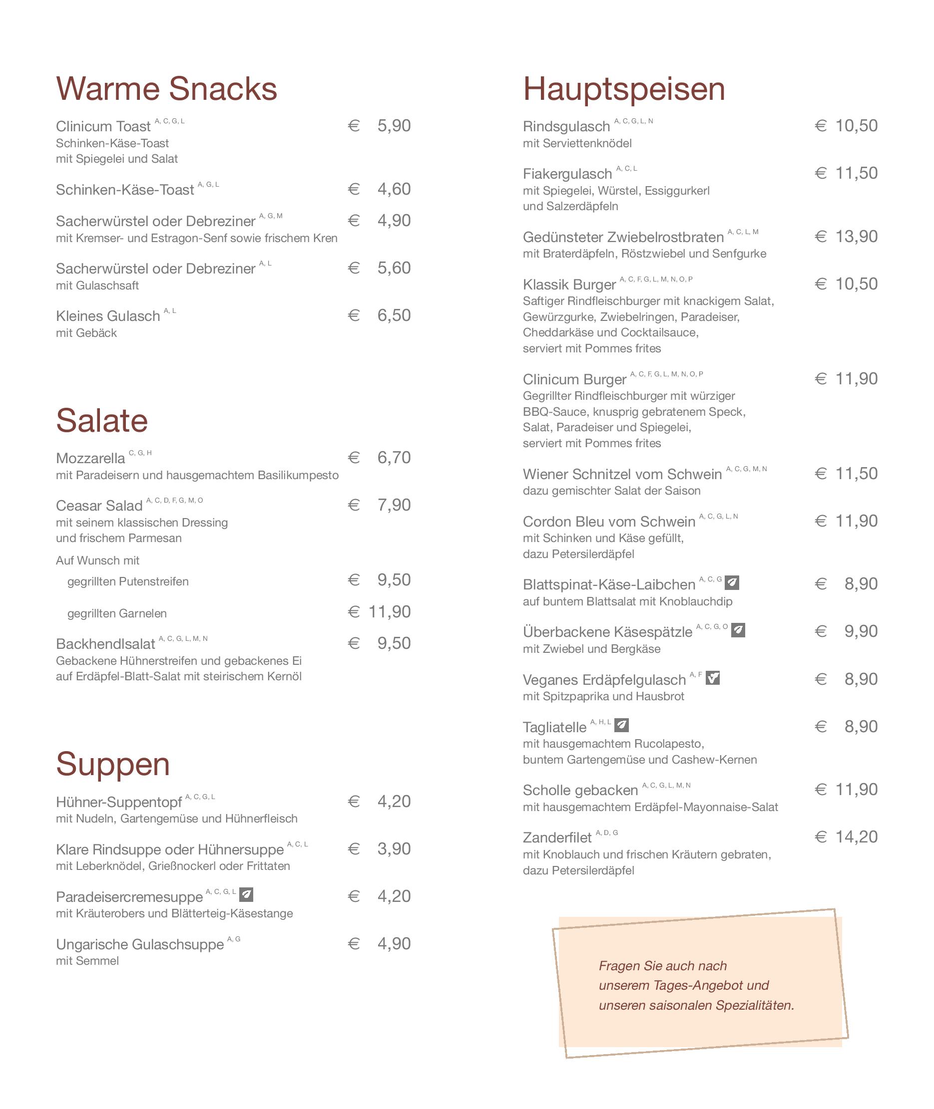 Speisekarte Cafe Clinicum im AKH in Wien, Seite 2