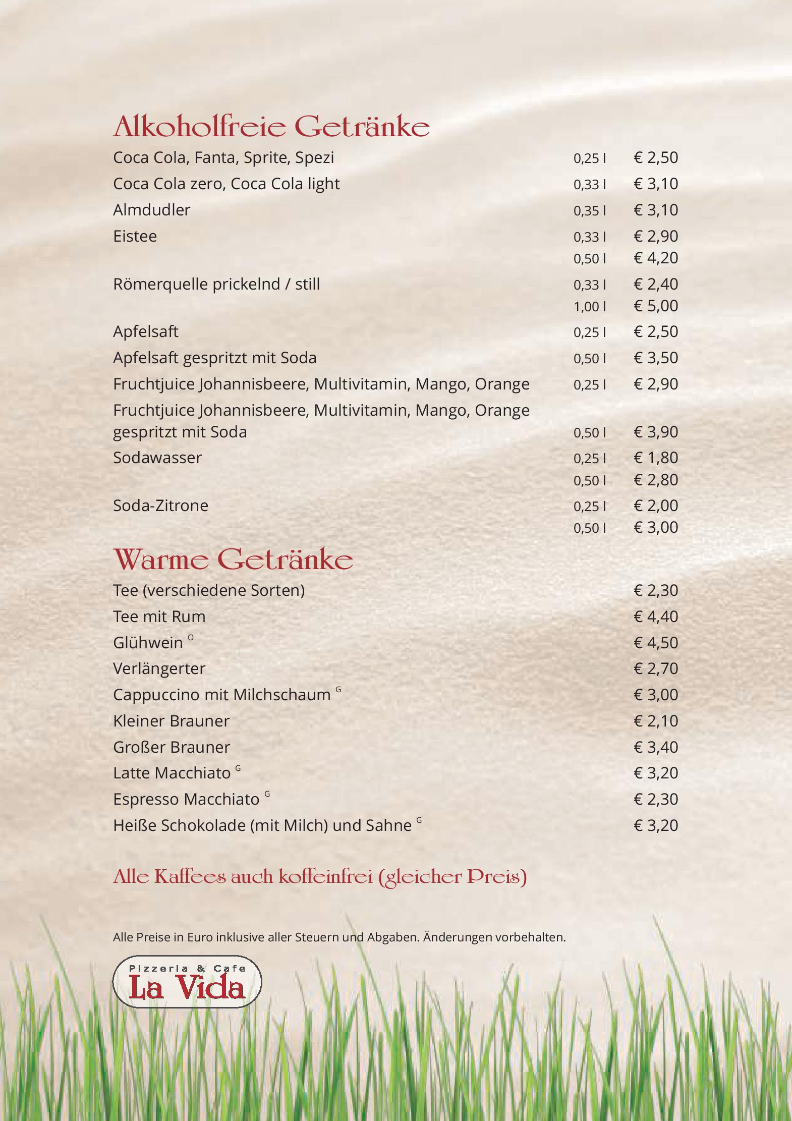 Speisekarte Cafe Pizzeria La Vida in Bruck an der Grossglocknerstrasse, Seite 2