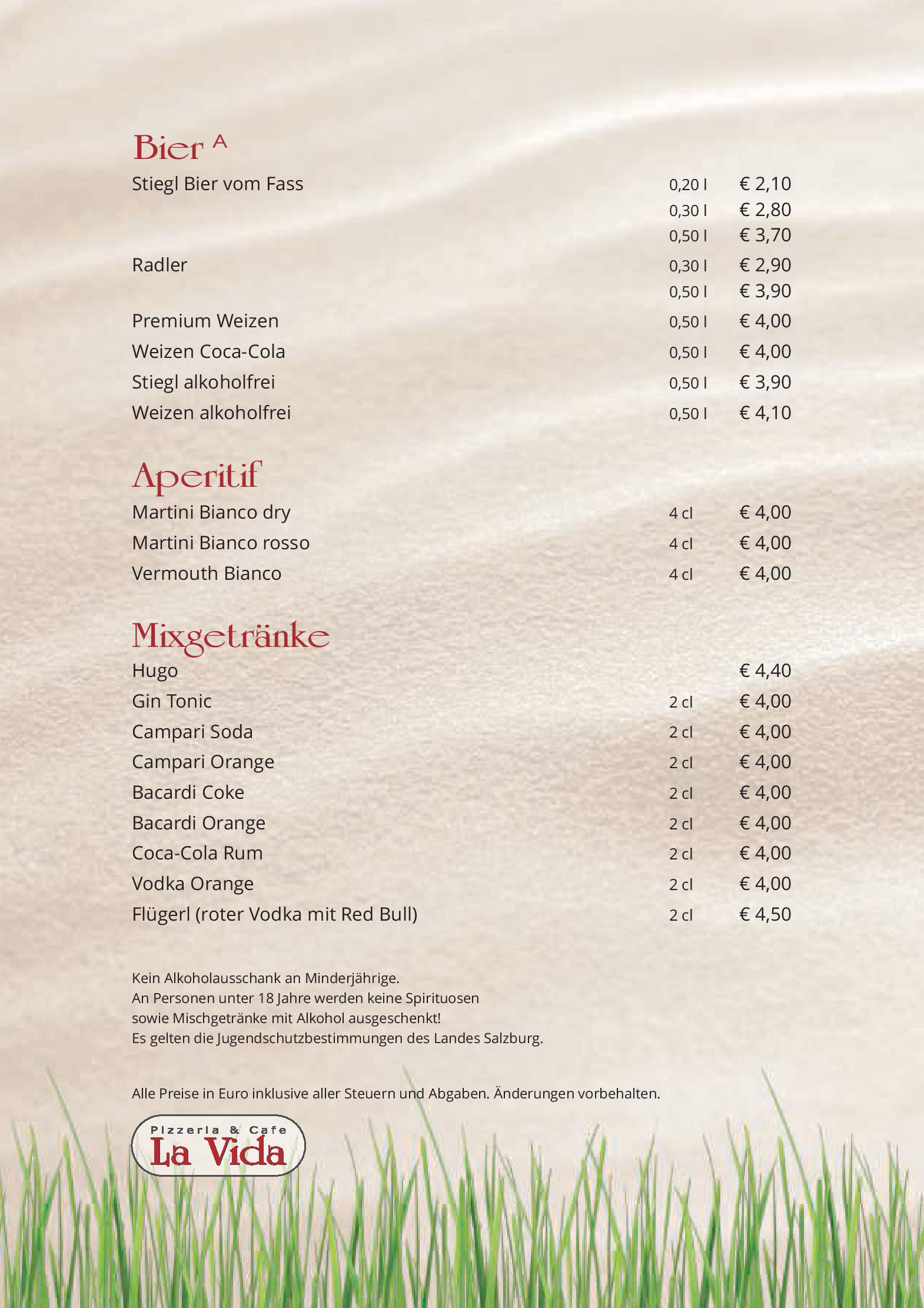 Speisekarte Cafe Pizzeria La Vida in Bruck an der Grossglocknerstrasse, Seite 4