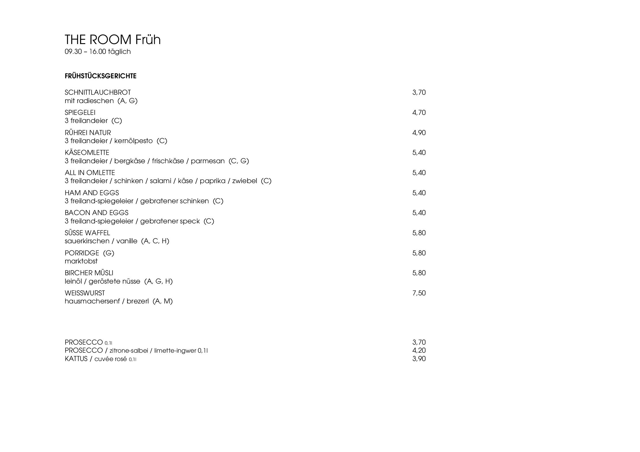 Speisekarte the Room Sofiensäle in Wien, Seite 1