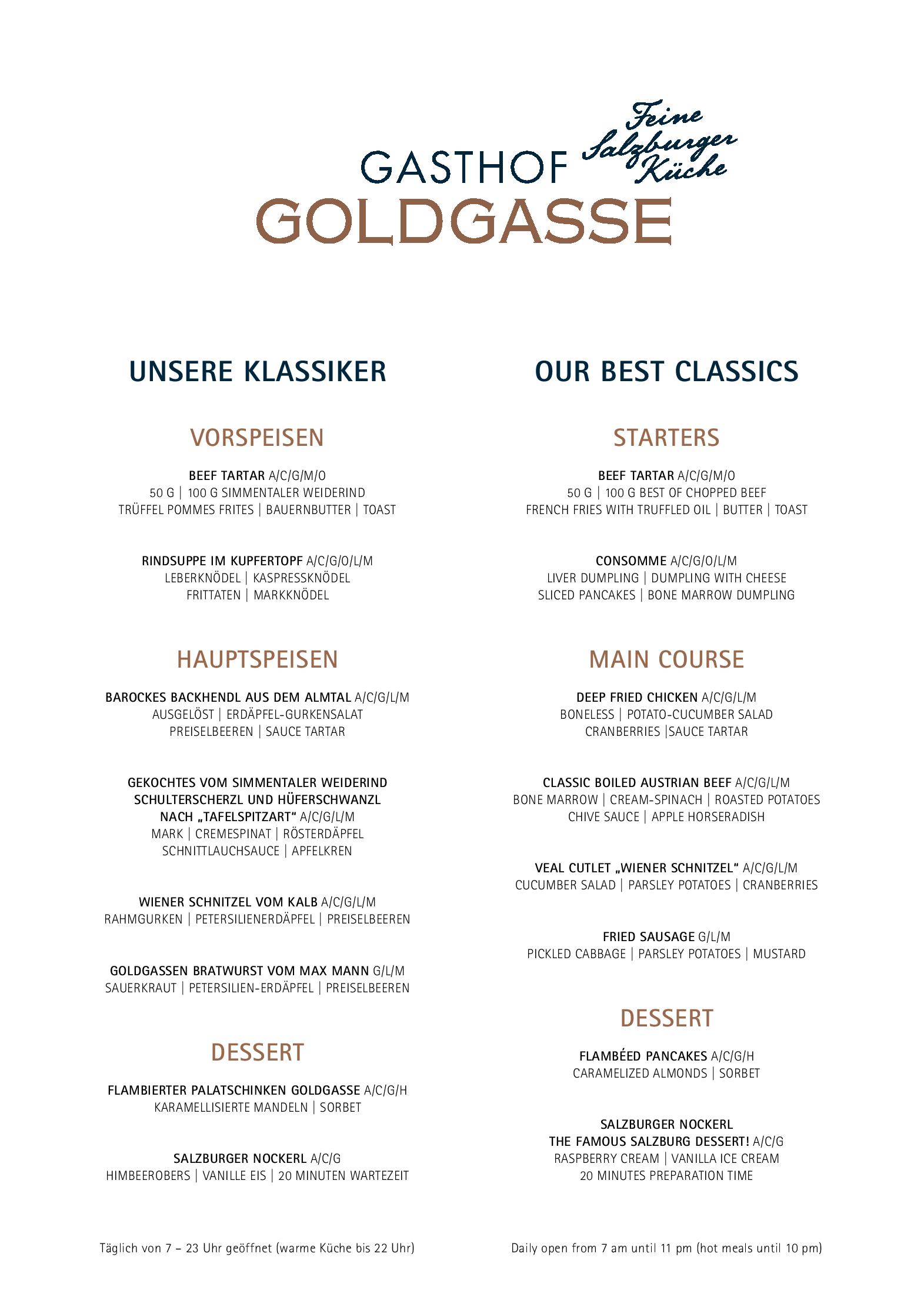 Speisekarte Gasthof Goldgasse in Salzburg, Seite 1