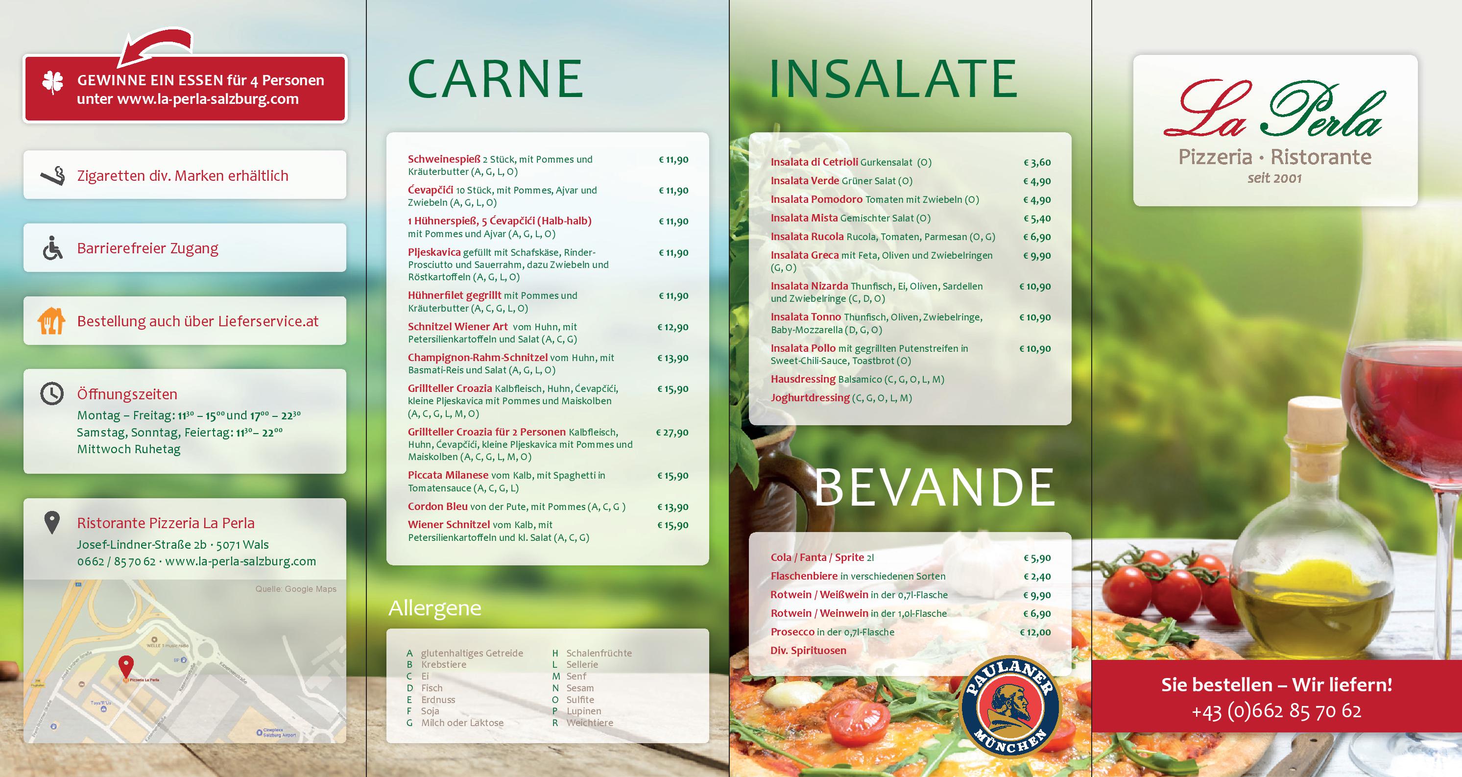 Speisekarte Restaurant - Pizzeria La Perla in Wals, Seite 1