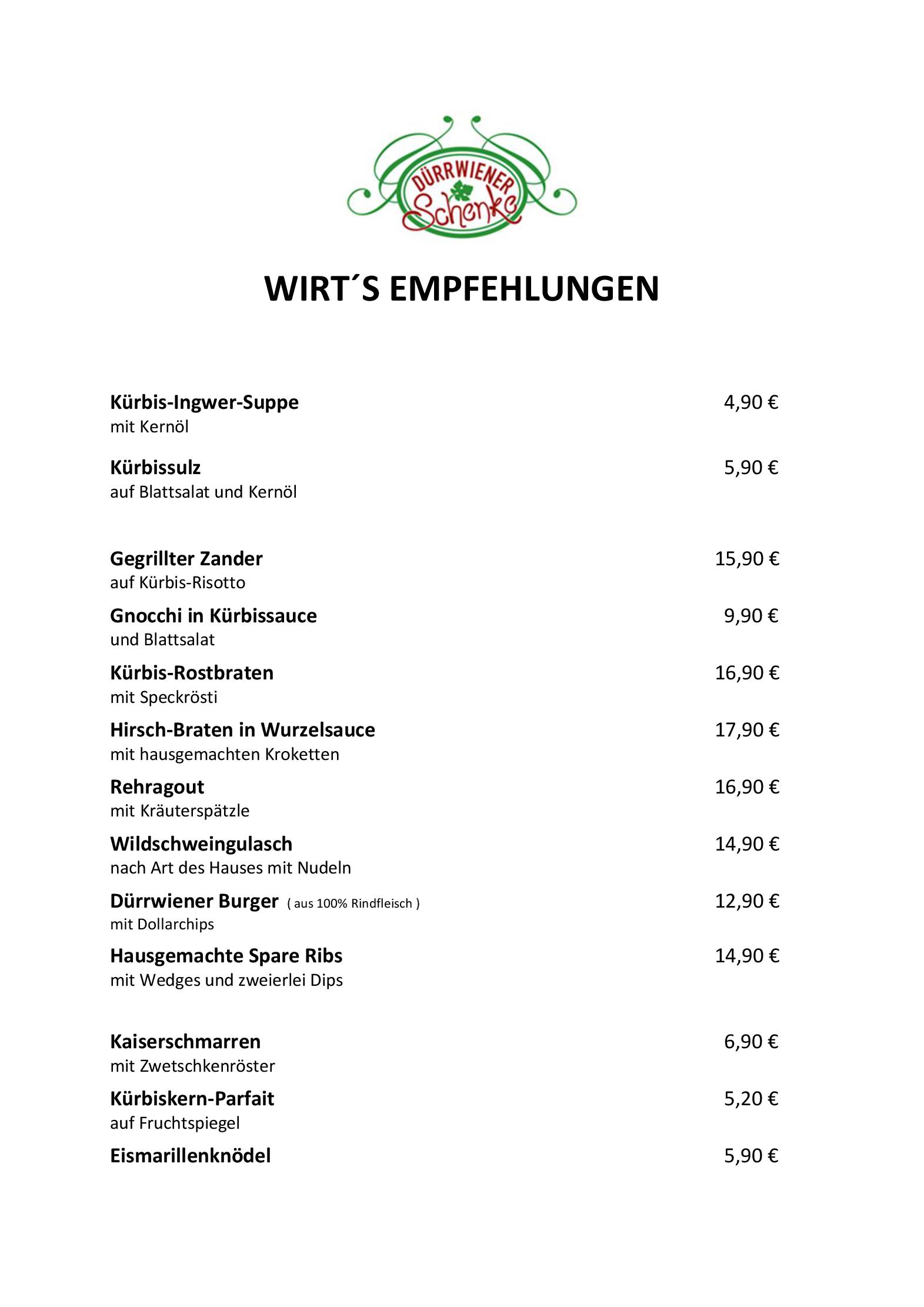 Speisekarte Durrwiener Schenke in Pressbaum, Seite 1
