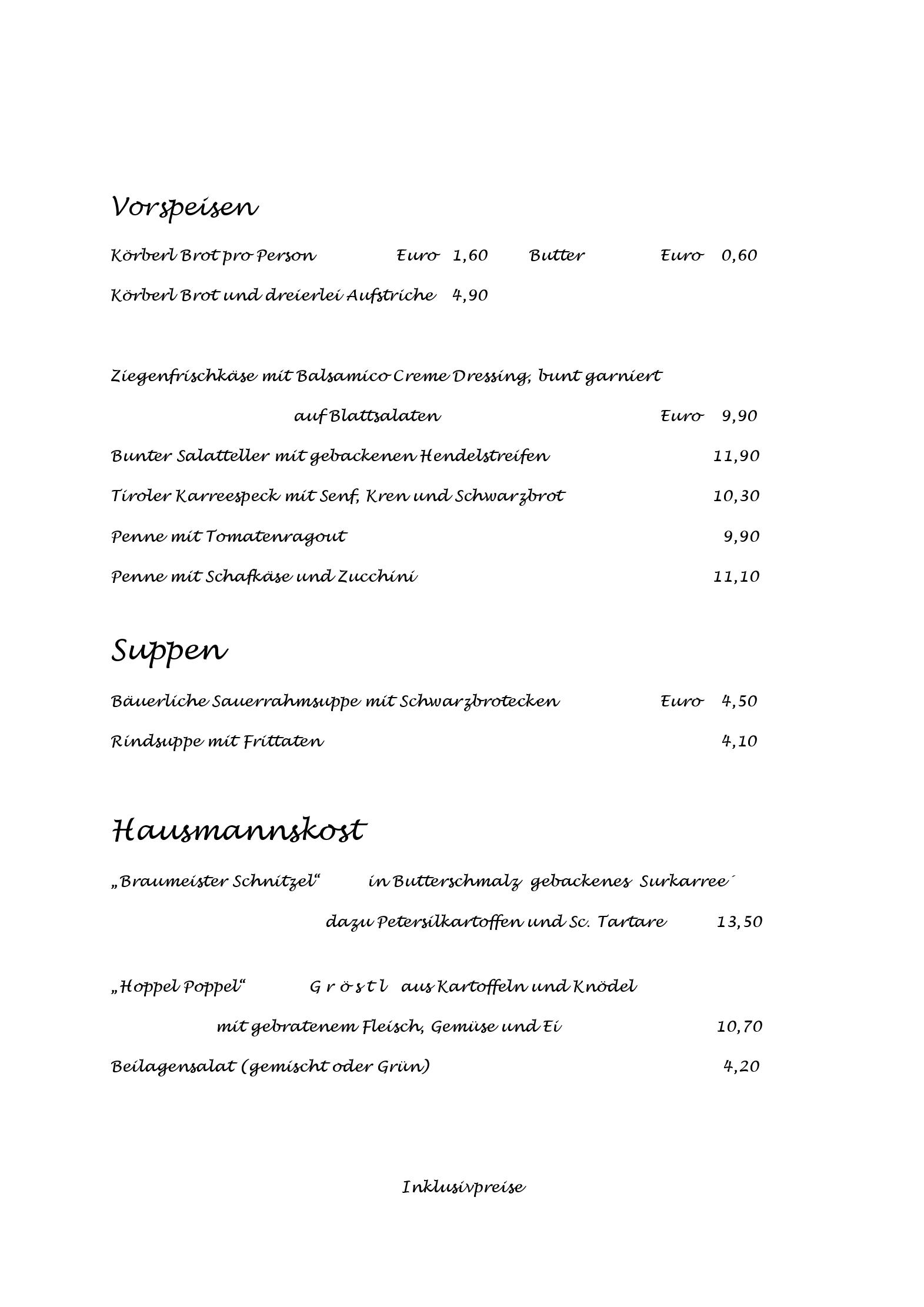 Speisekarte Hinterbruhl in Salzburg, Seite 1