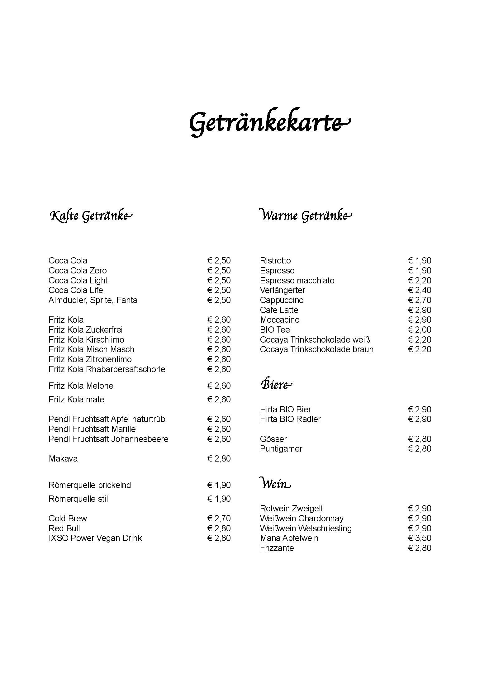 Speisekarte AULA x space in Graz, Seite 1