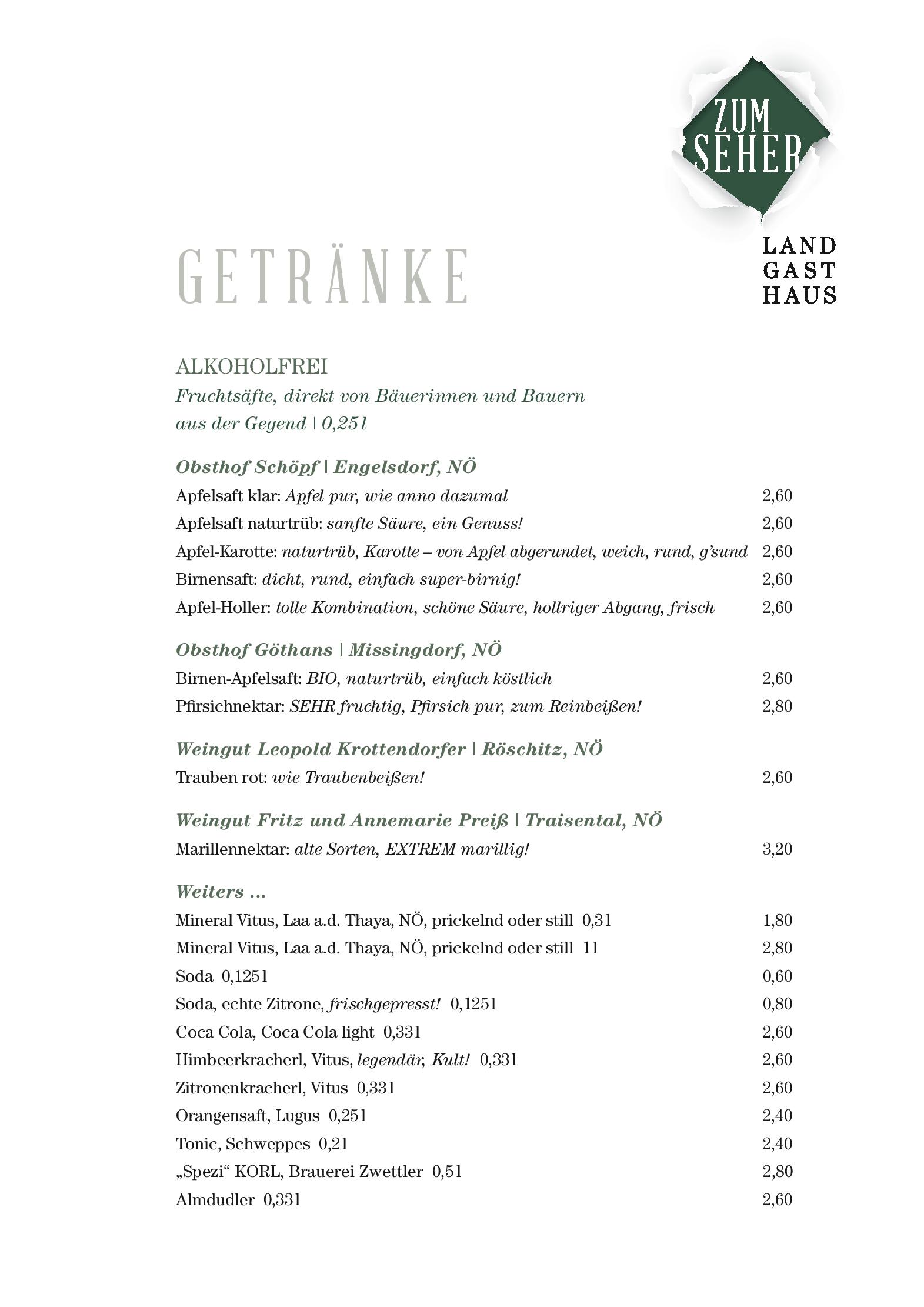 Speisekarte Landgasthaus Zum Seher in Eggenburg, Seite 20