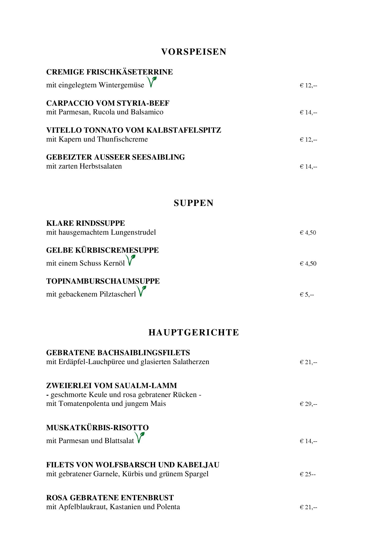 Speisekarte Schloss Taverne in Zeltweg, Seite 1