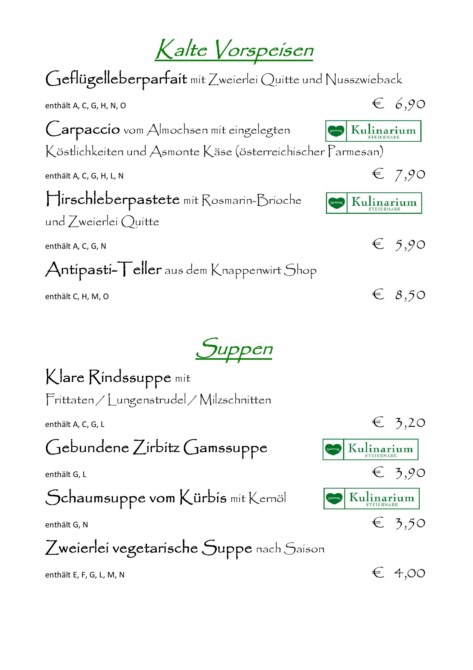 Speisekarte Gasthof Knappenwirt in Mariahof, Seite 1