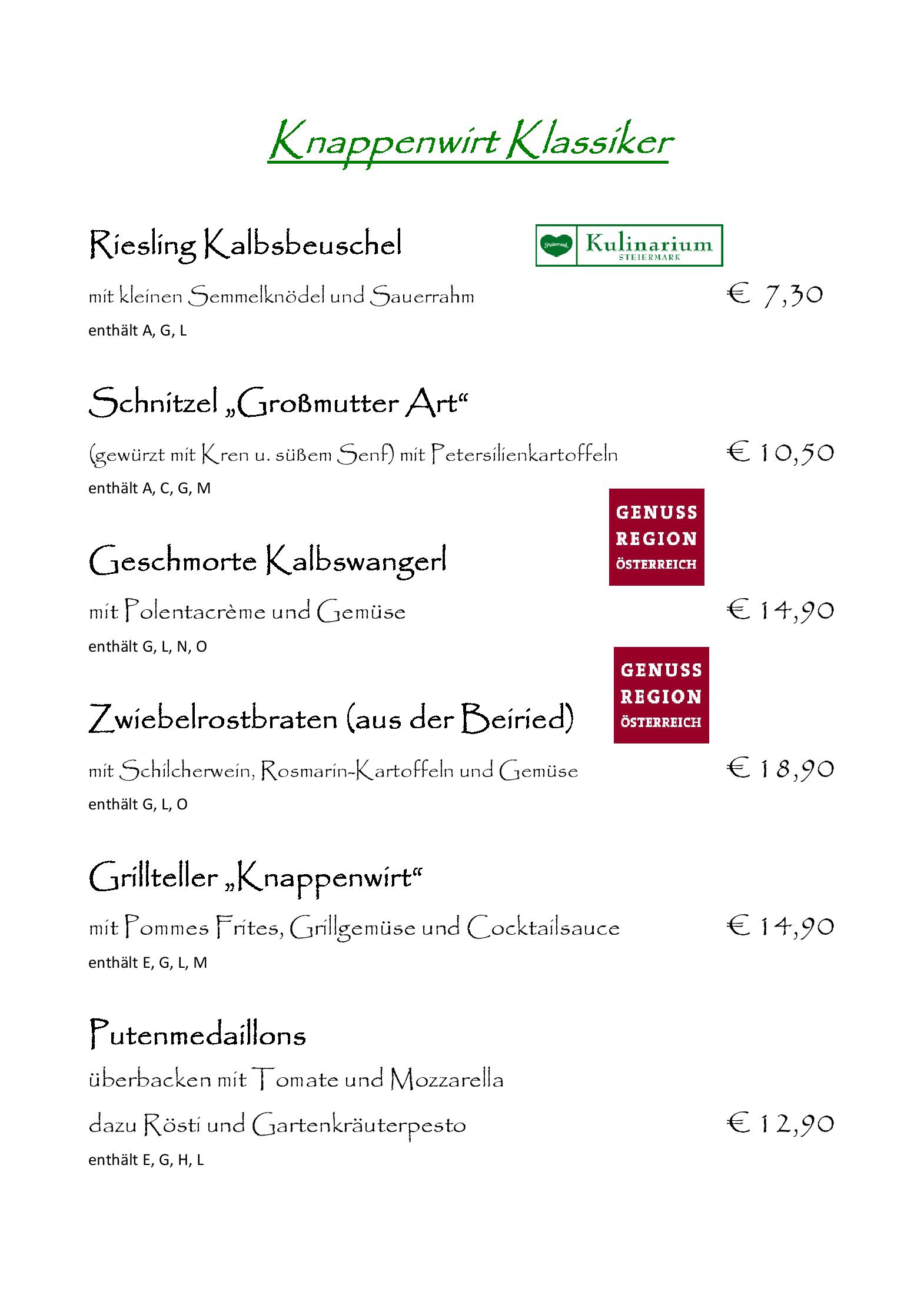 Speisekarte Gasthof Knappenwirt in Mariahof, Seite 4