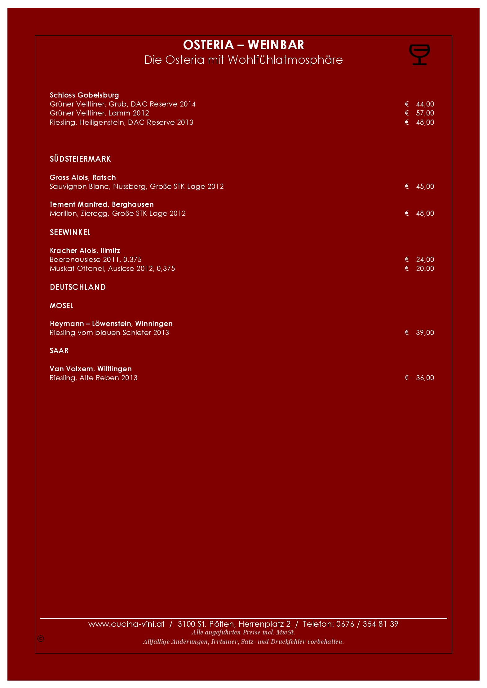 Speisekarte Osteria Cucina & Vini in Sankt Pölten, Seite 6