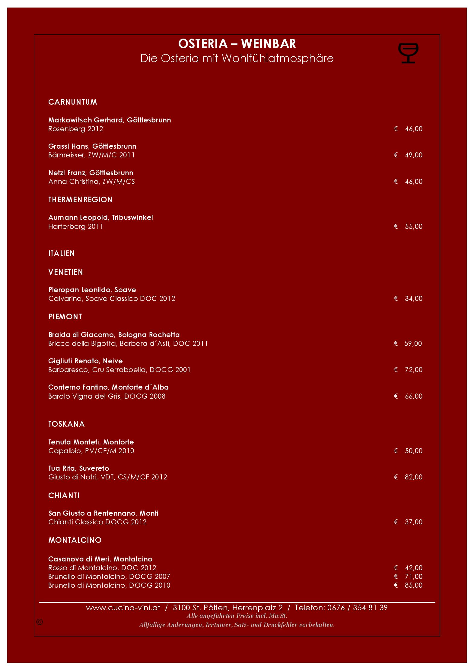 Speisekarte Osteria Cucina & Vini in Sankt Pölten, Seite 4
