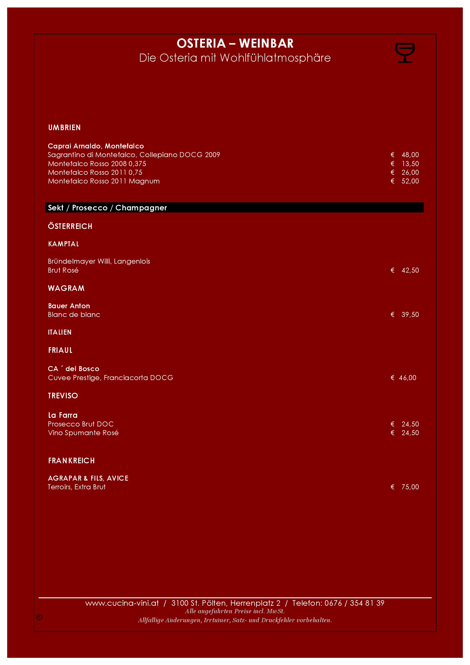 Speisekarte Osteria Cucina & Vini in Sankt Pölten, Seite 3