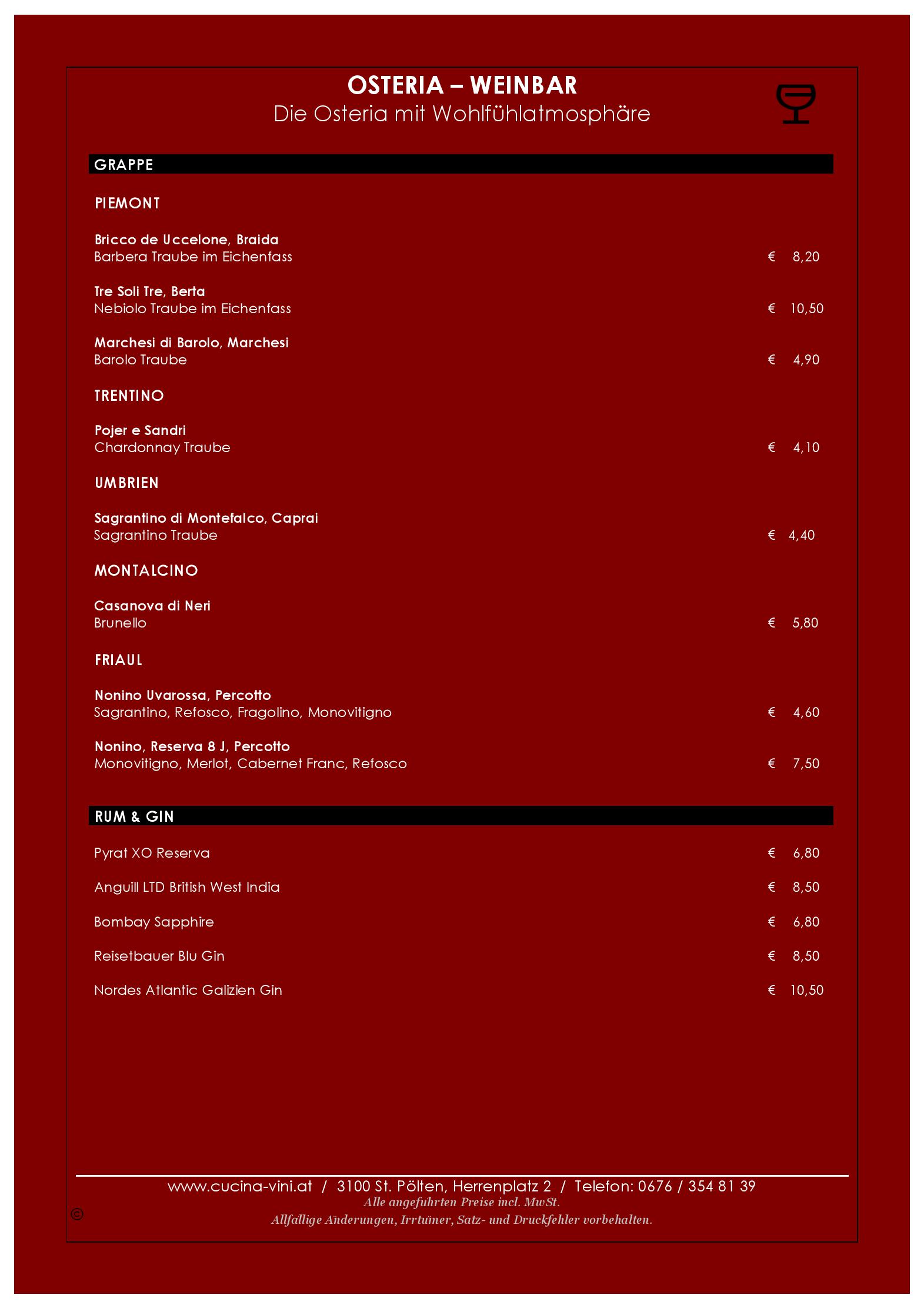 Speisekarte Osteria Cucina & Vini in Sankt Pölten, Seite 2