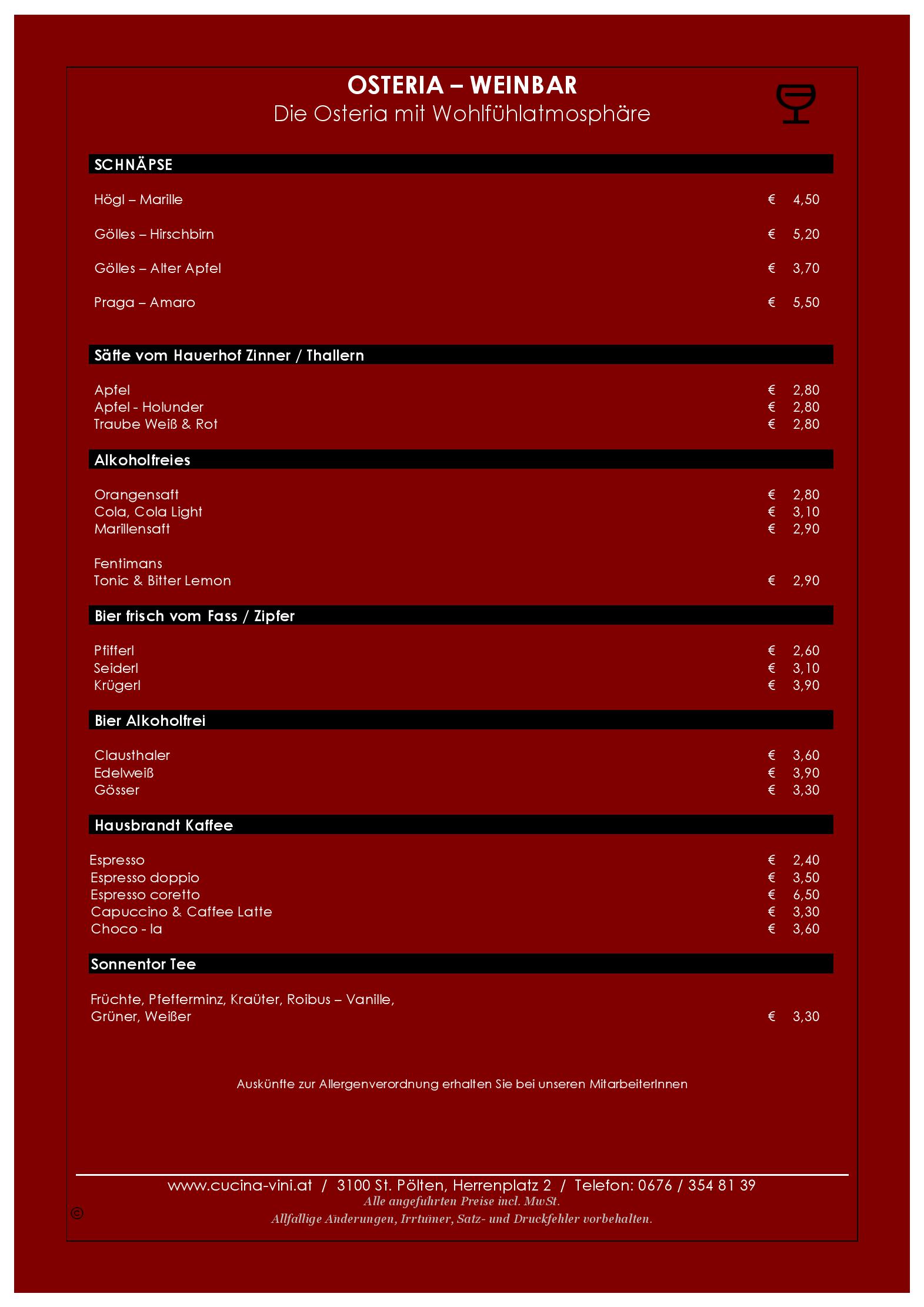 Speisekarte Osteria Cucina & Vini in Sankt Pölten, Seite 1