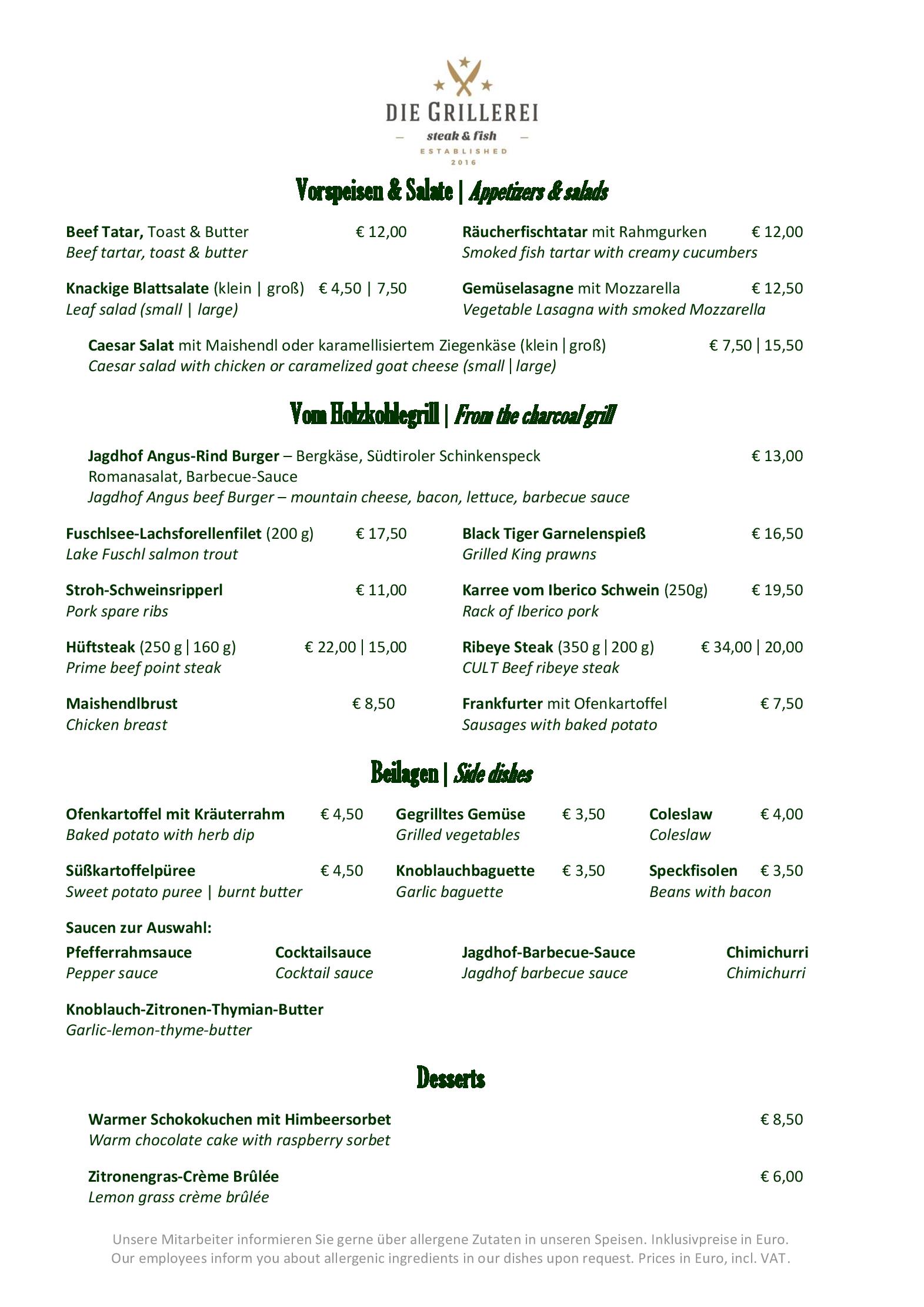 Speisekarte DIE GRILLEREI - steak & fish in Salzburg, Seite 1