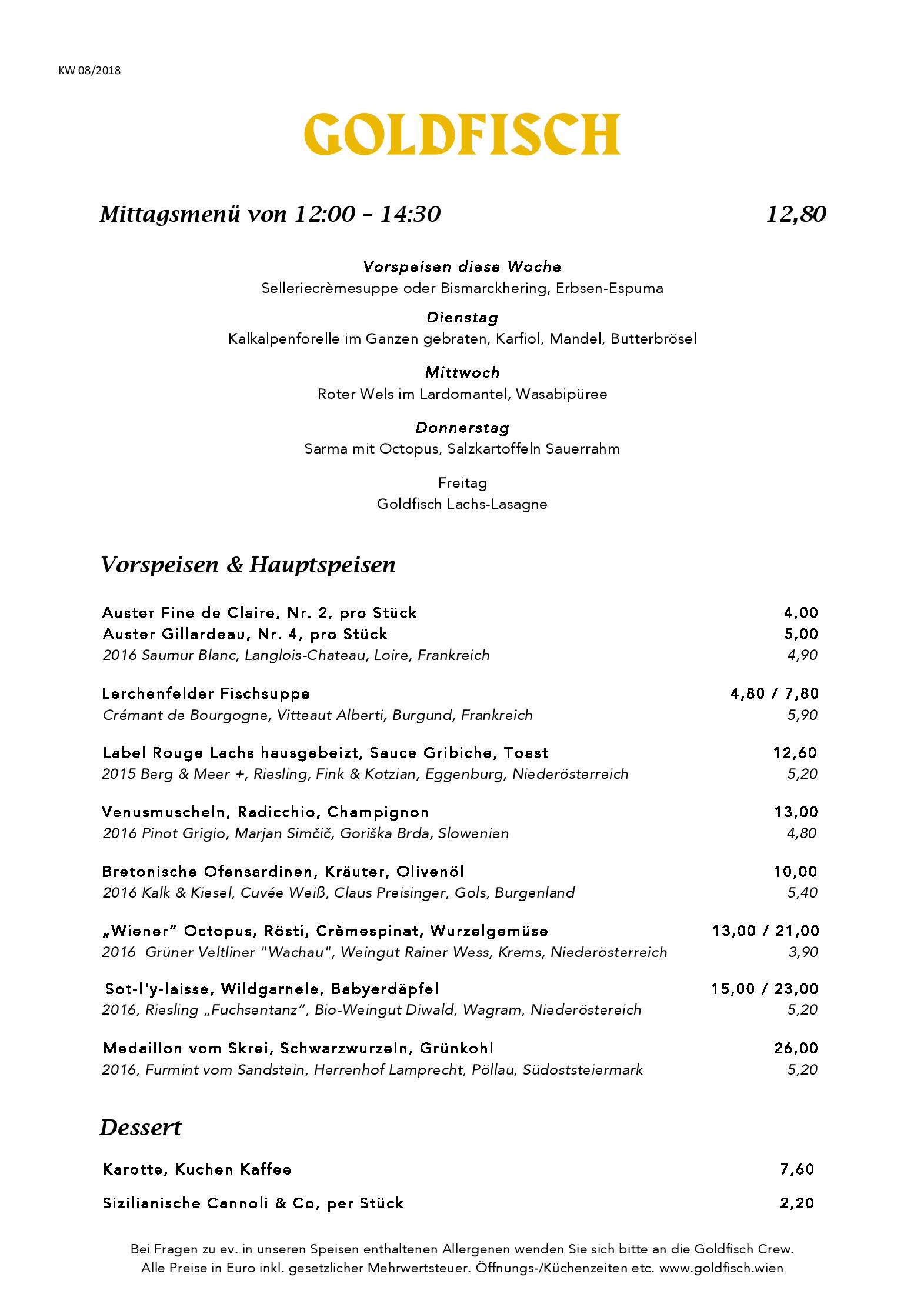Speisekarte Goldfisch in Wien, Seite 1