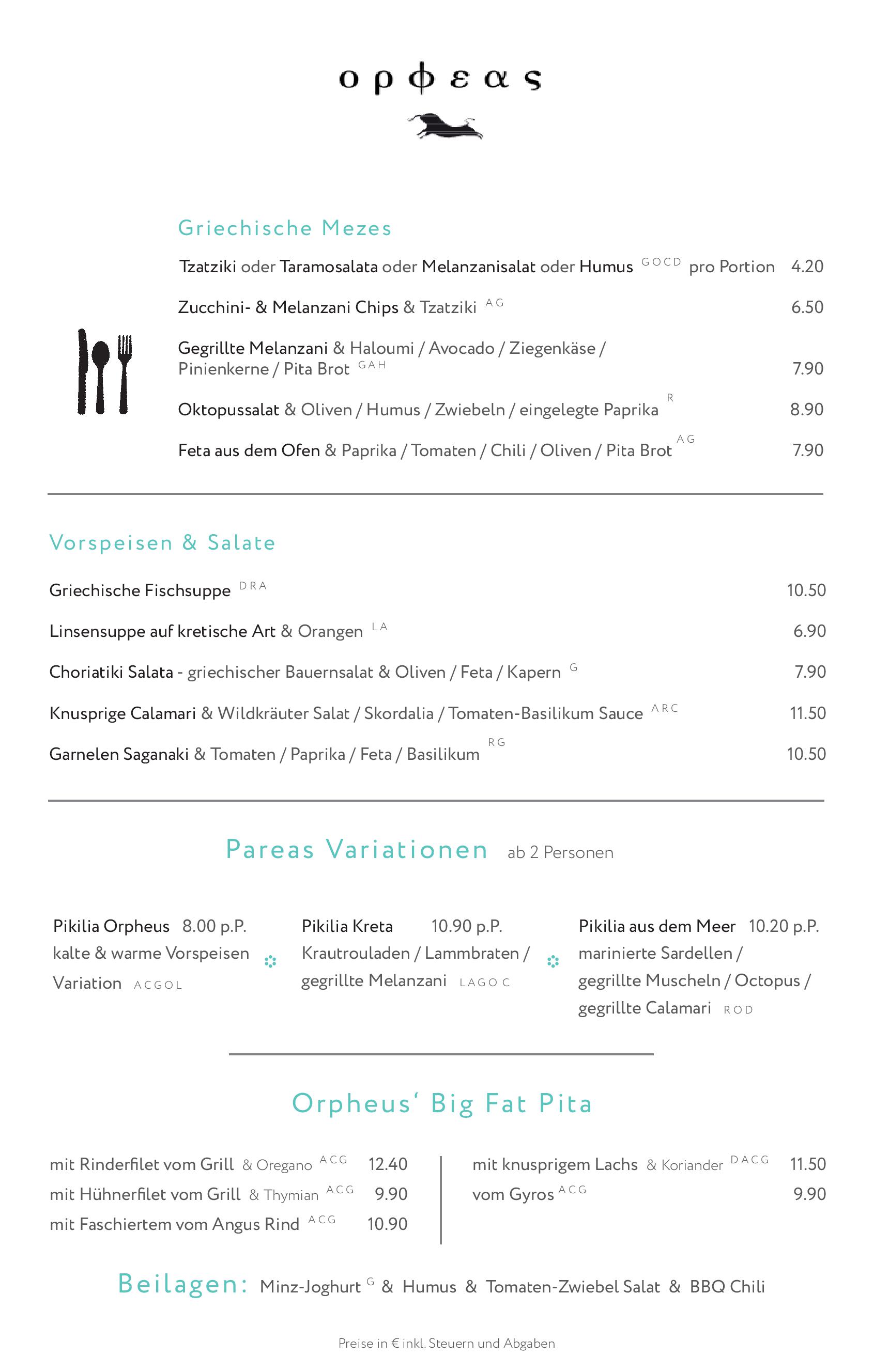Speisekarte Restaurant Orpheus in Wien, Seite 1