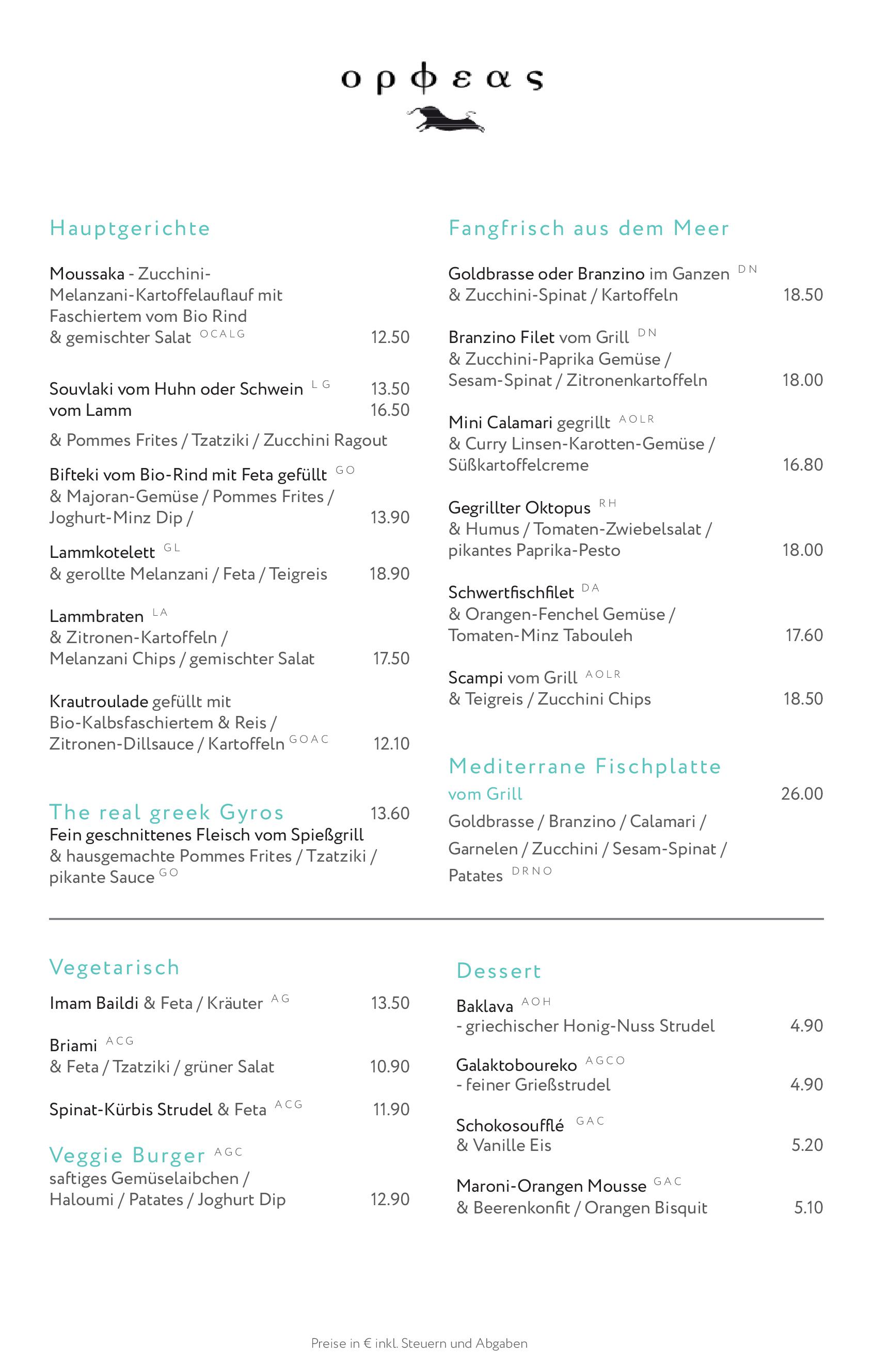 Speisekarte Restaurant Orpheus in Wien, Seite 2