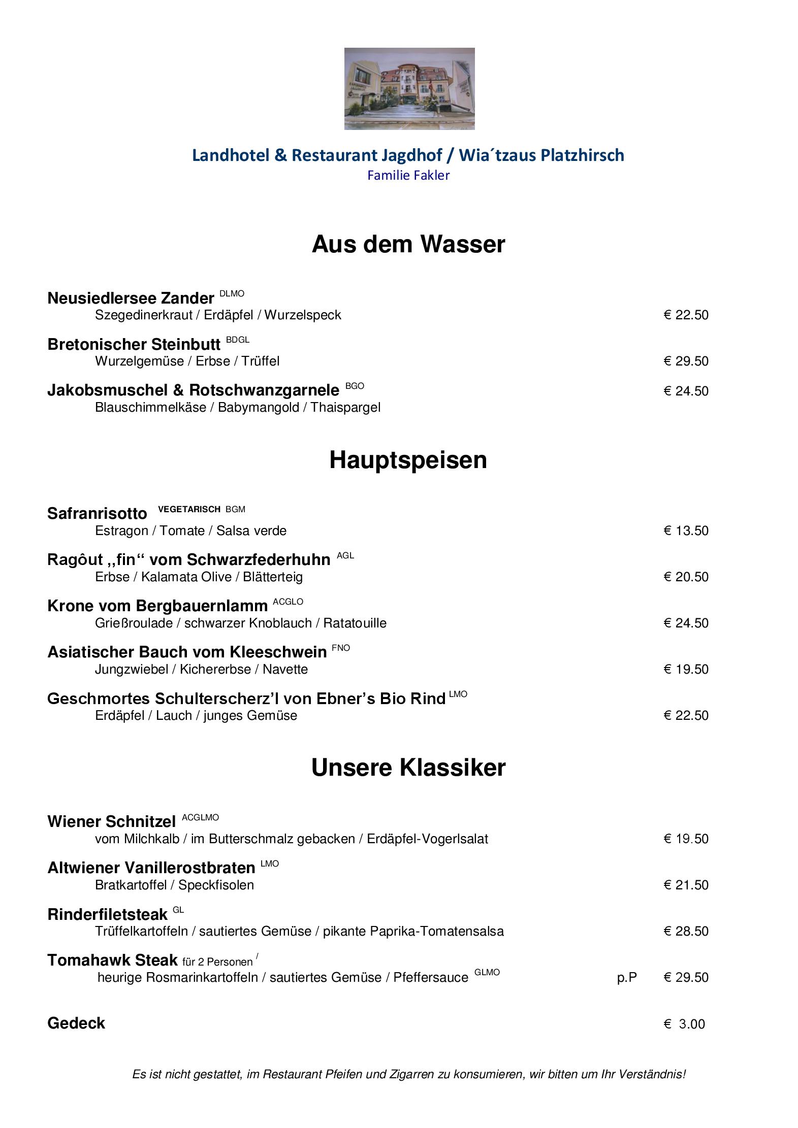 Speisekarte Landhotel & Restaurant Jagdhof in Guntramsdorf, Seite 1