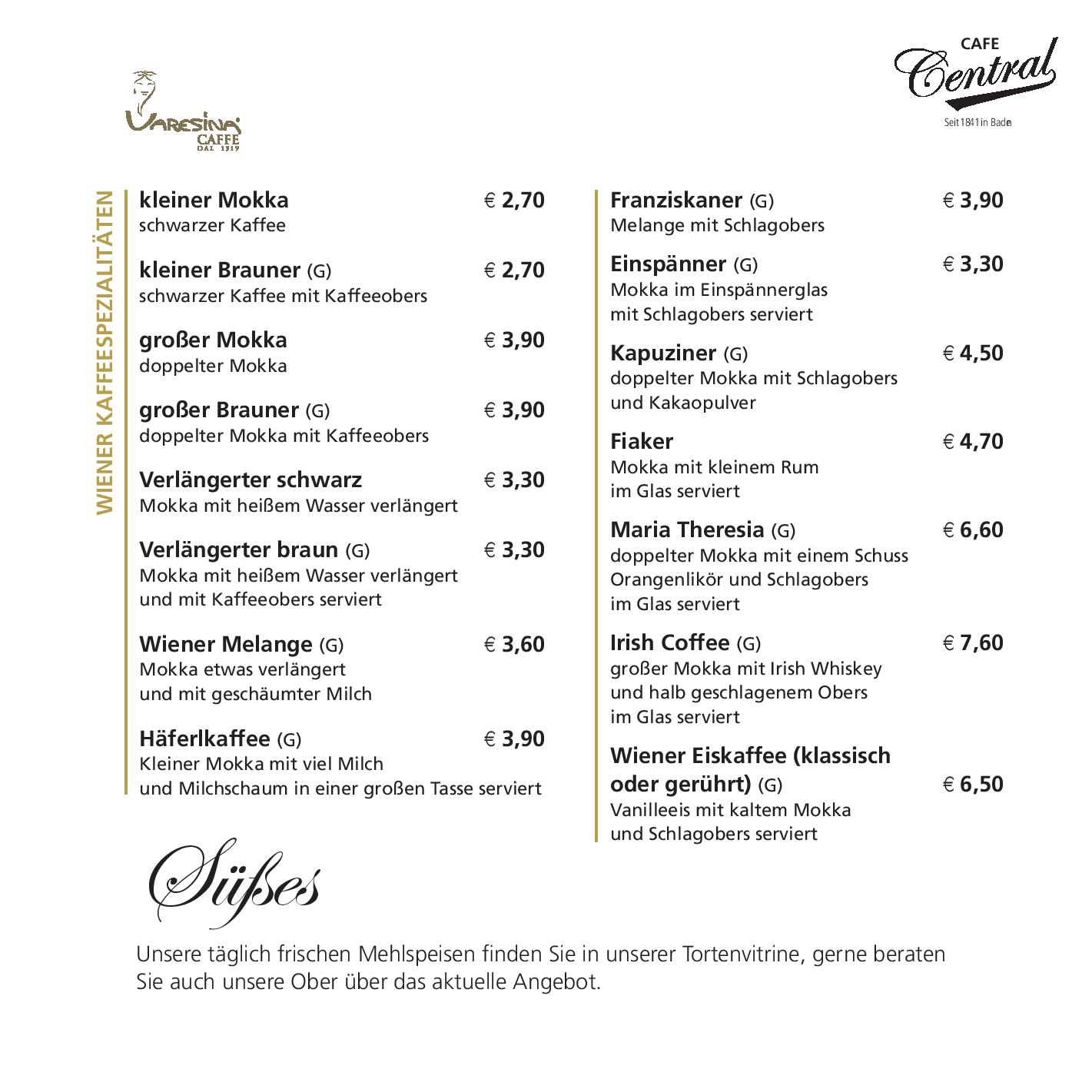 Speisekarte Cafe Central in Baden, Seite 4
