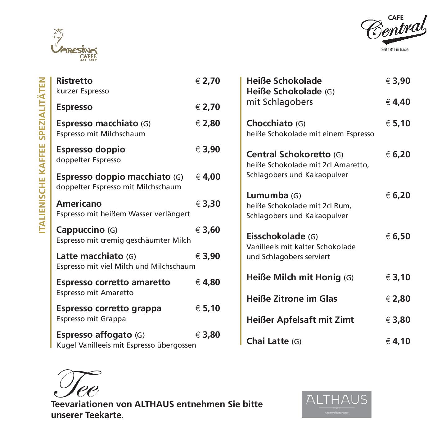 Speisekarte Cafe Central in Baden, Seite 2