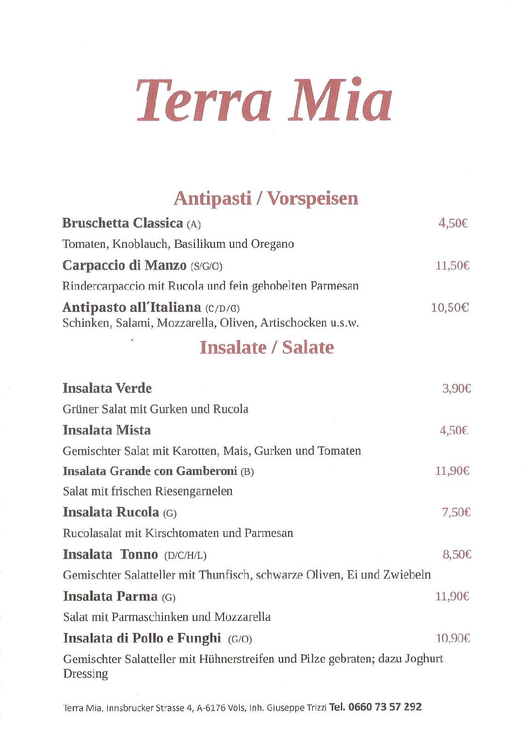 Speisekarte Terramia in Voels, Seite 1