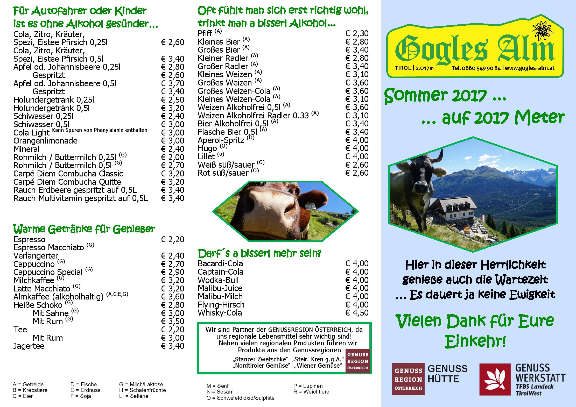Speisekarte Gogles Alm in Landeck, Seite 1