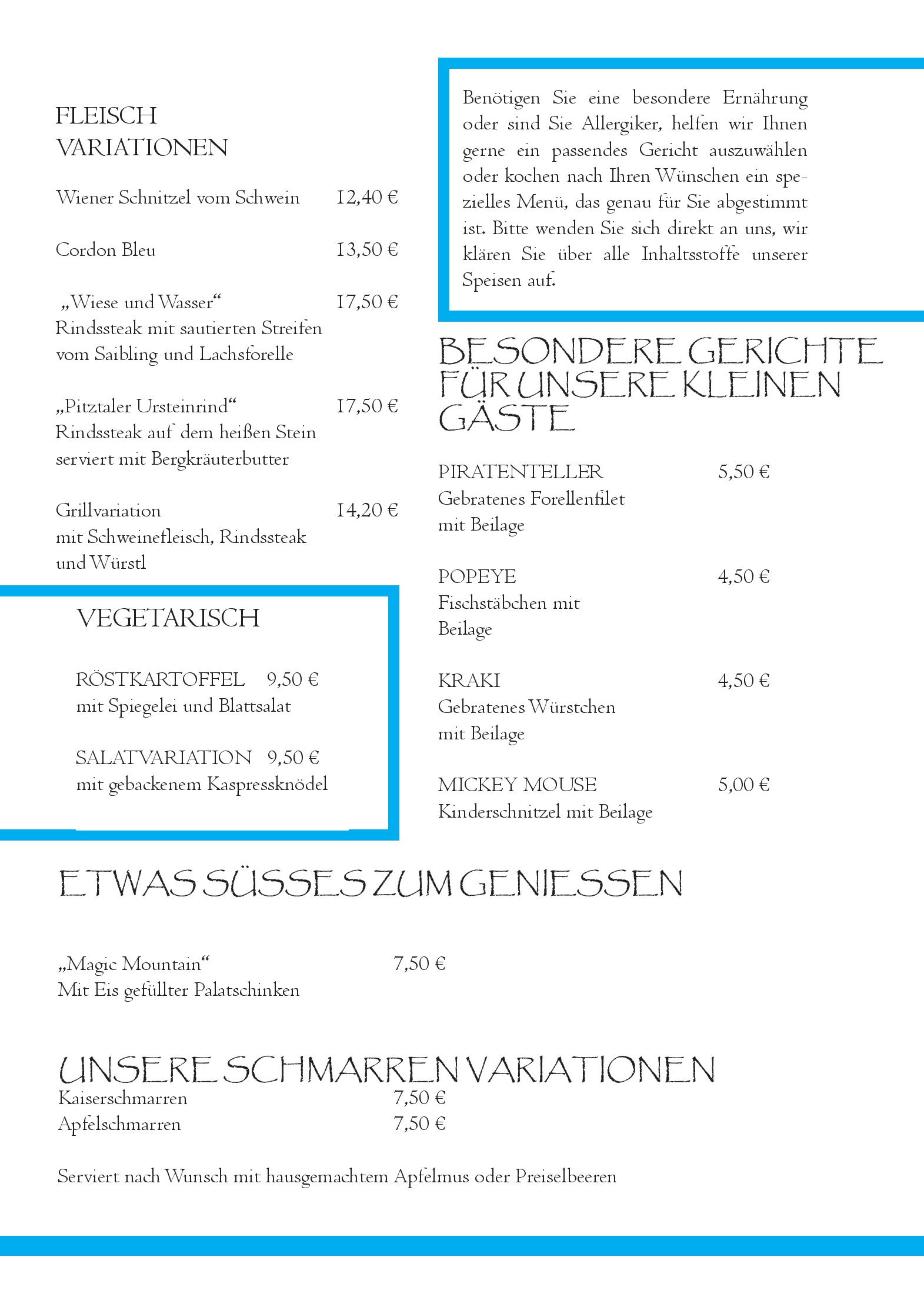 Speisekarte Restaurant Fischteich in Jerzens, Seite 1