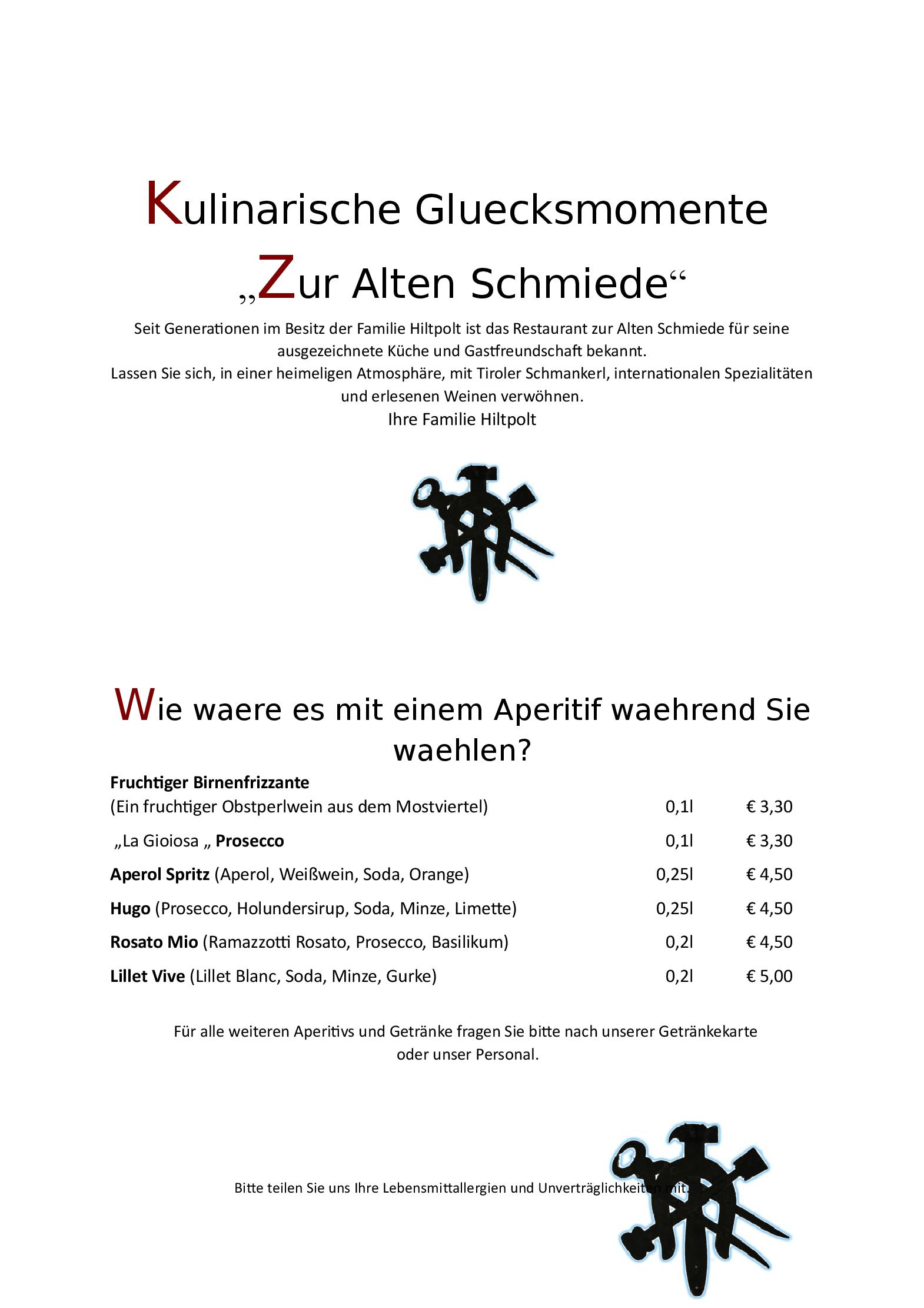 Speisekarte Alte Schmiede in Seefeld in Tirol, Seite 1