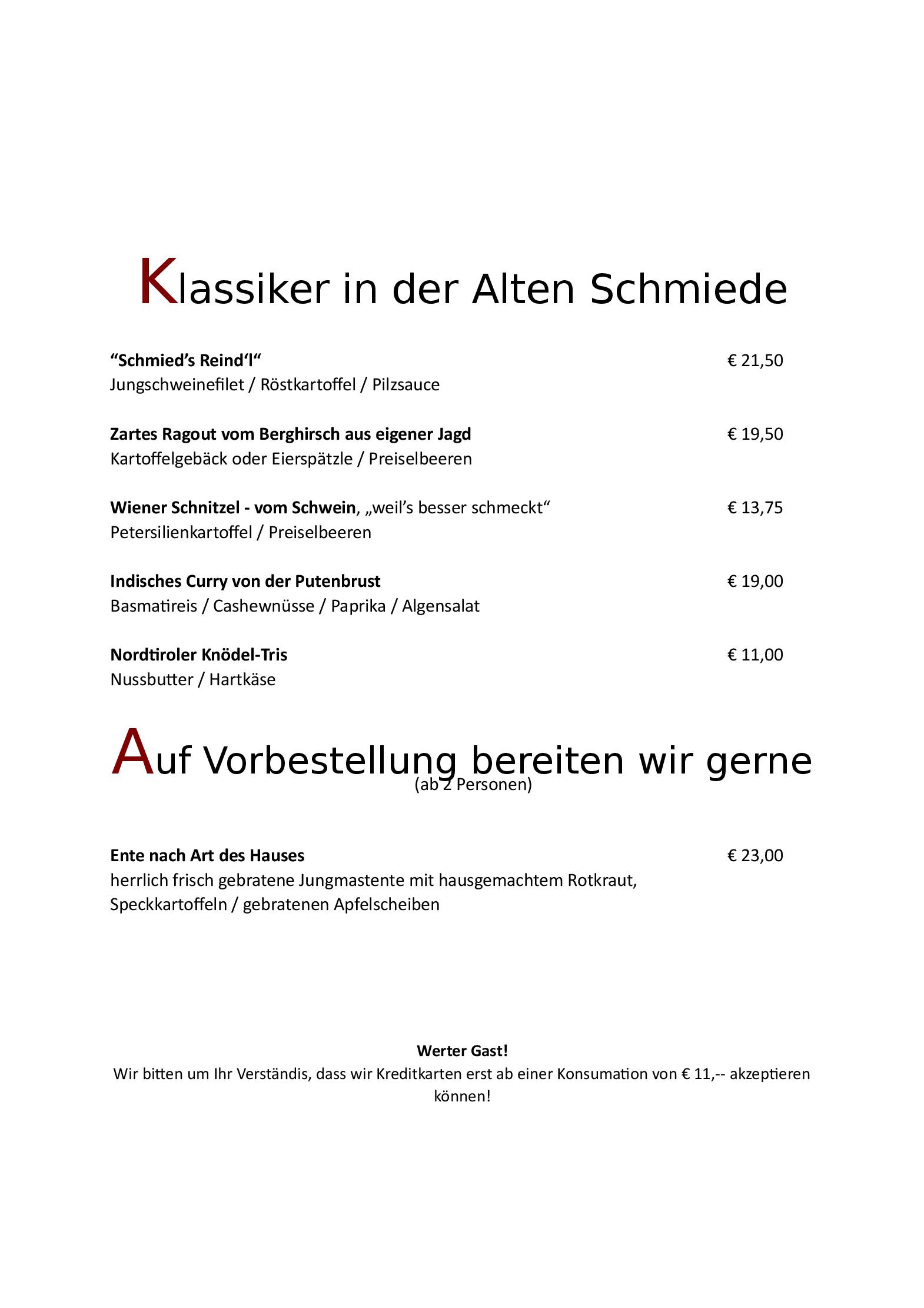 Speisekarte Alte Schmiede in Seefeld in Tirol, Seite 5