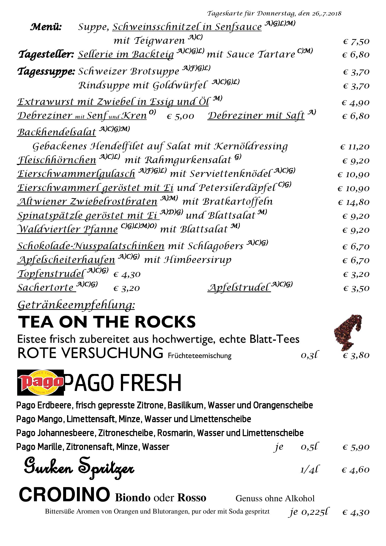 Speisekarte Cafe - Restaurant Gschamster Diener in Wien, Seite 1