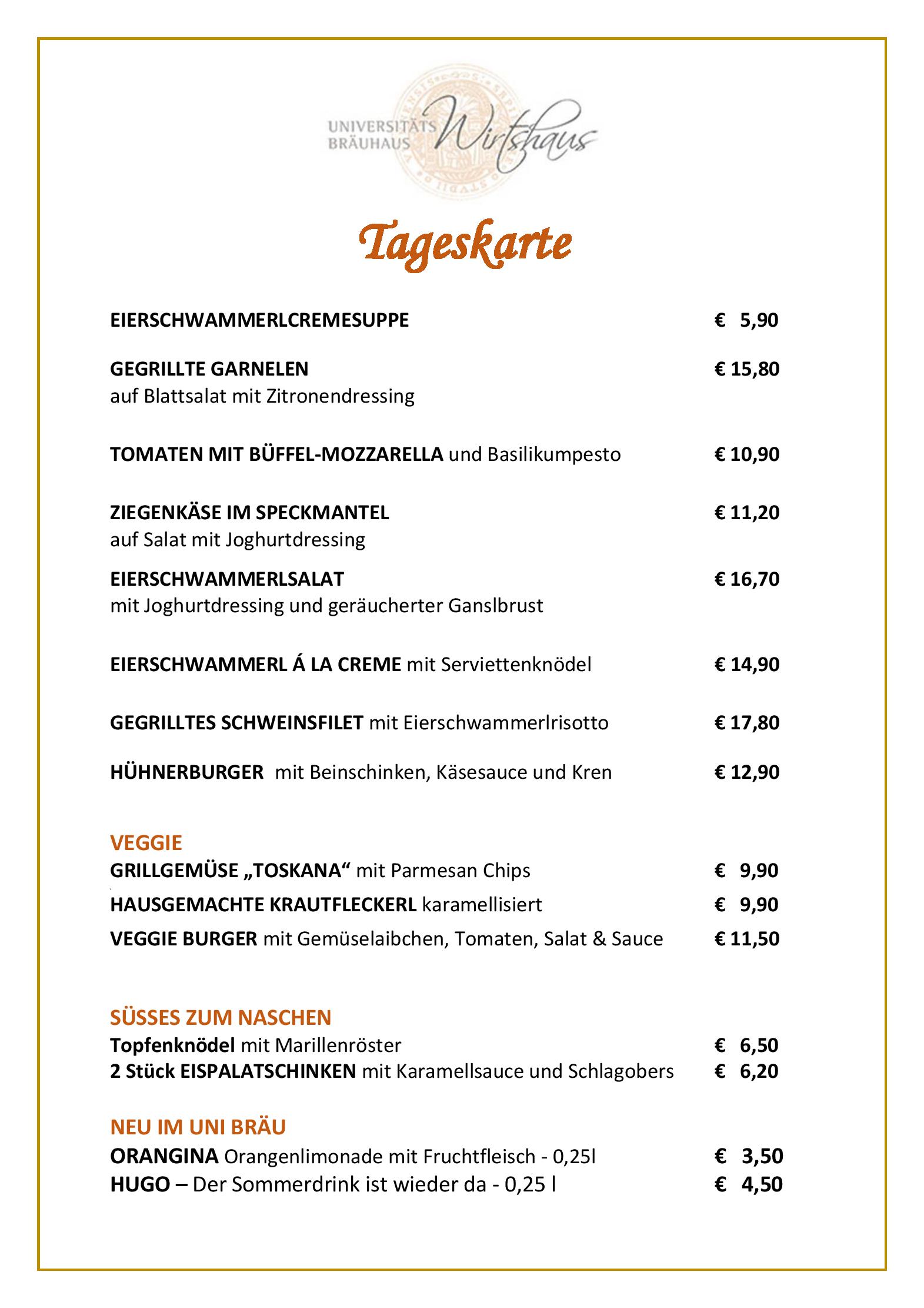 Speisekarte Universitätsbräuhaus in Wien, Seite 1