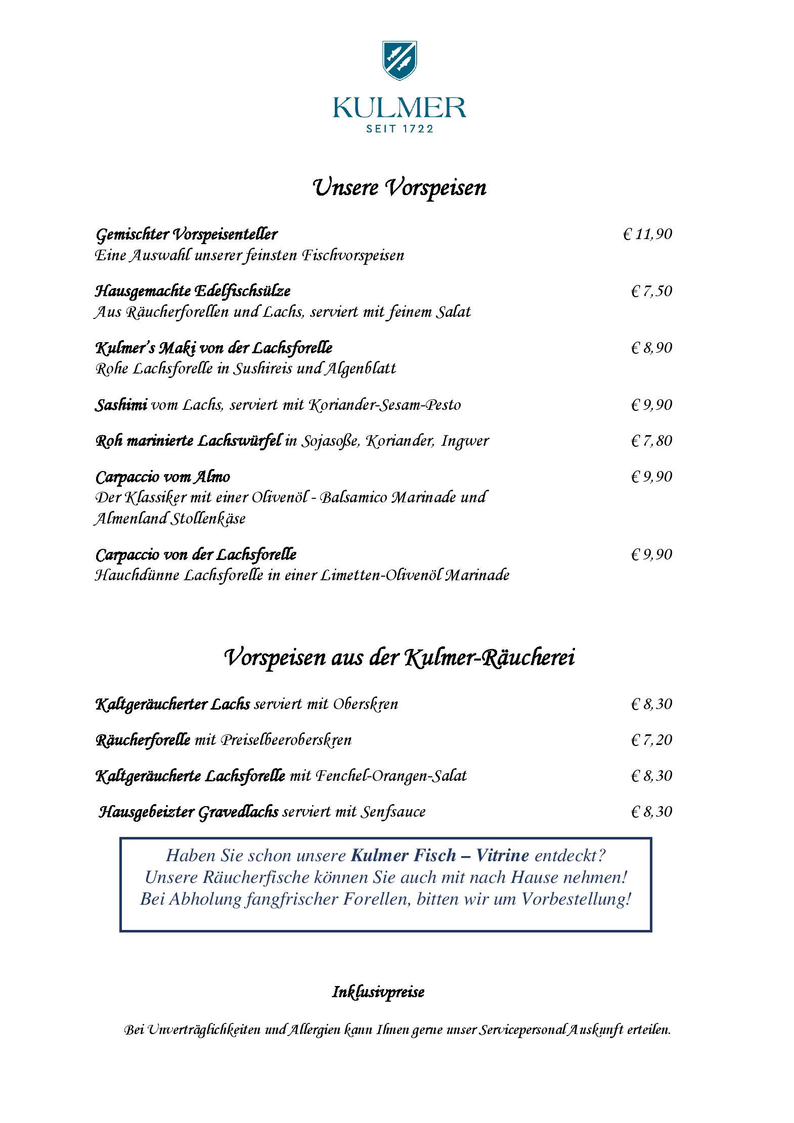 Speisekarte Fischrestaurant Kulmer in Birkfeld, Seite 1