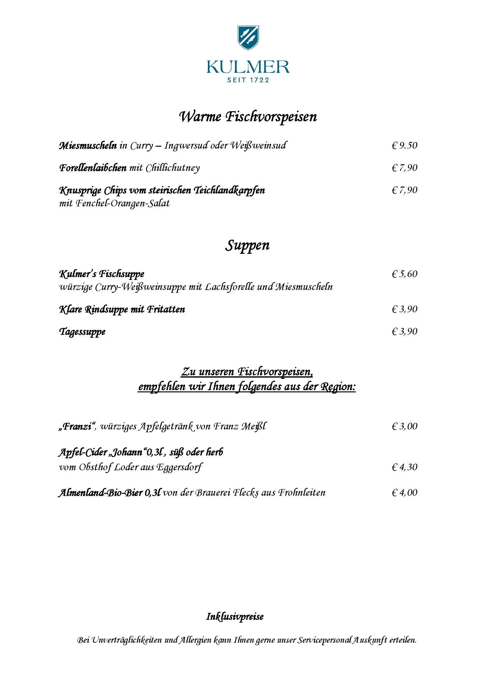 Speisekarte Fischrestaurant Kulmer in Birkfeld, Seite 2