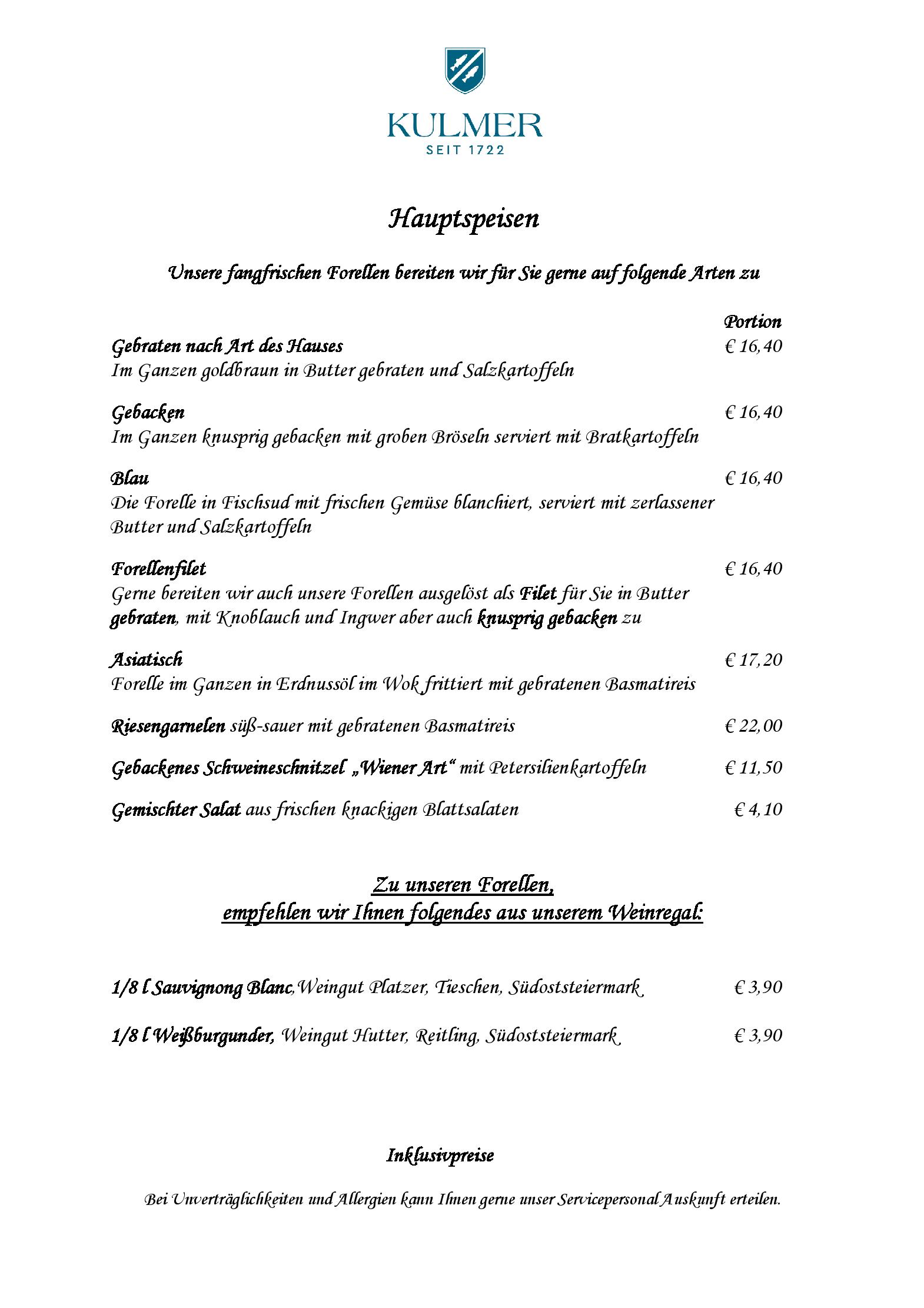 Speisekarte Fischrestaurant Kulmer in Birkfeld, Seite 3