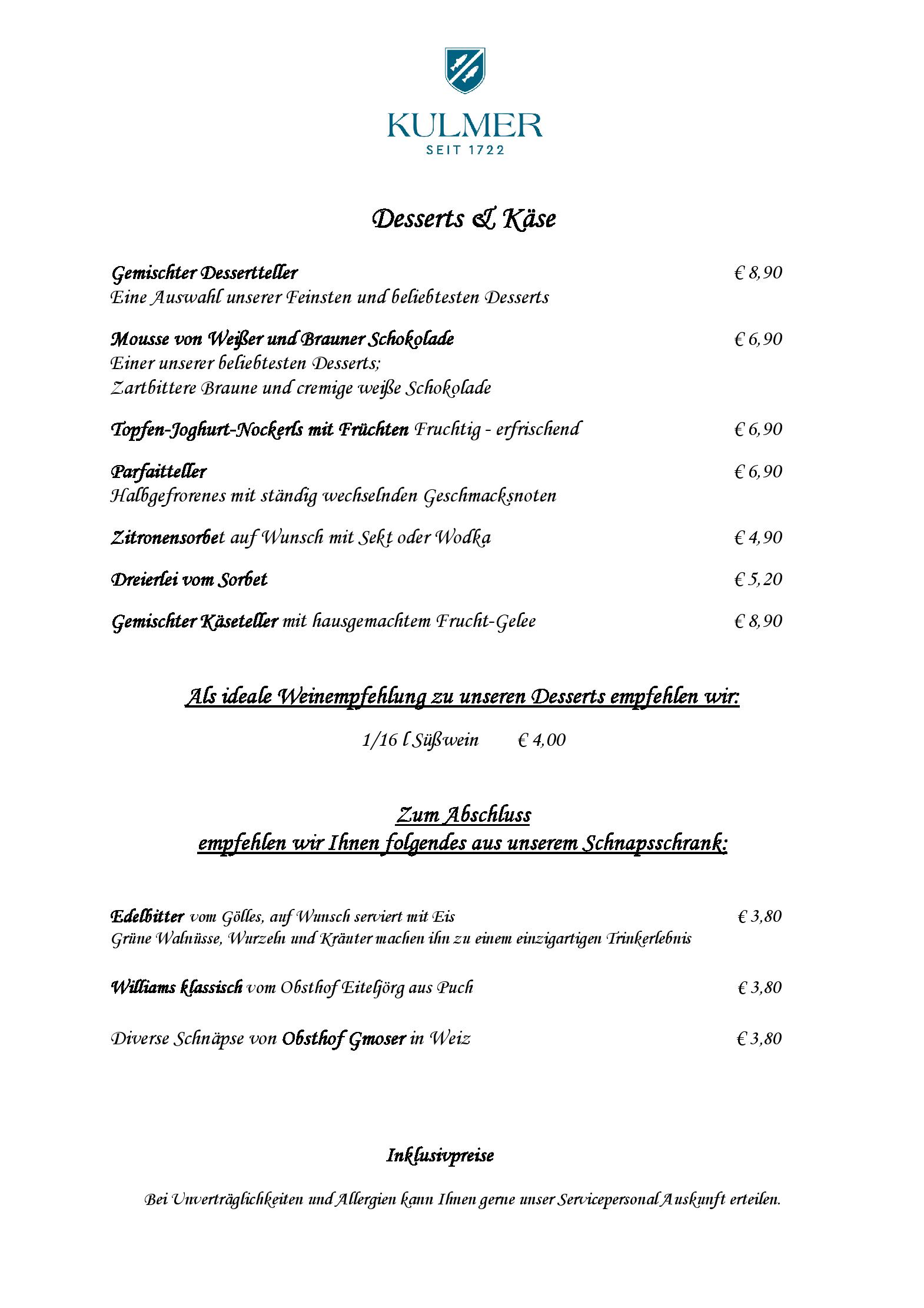 Speisekarte Fischrestaurant Kulmer in Birkfeld, Seite 4