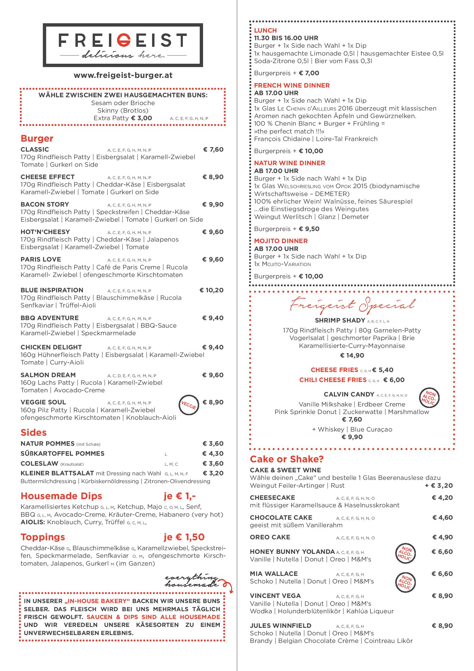 Speisekarte Freigeist Café|Bar|Burger in Graz, Seite 1