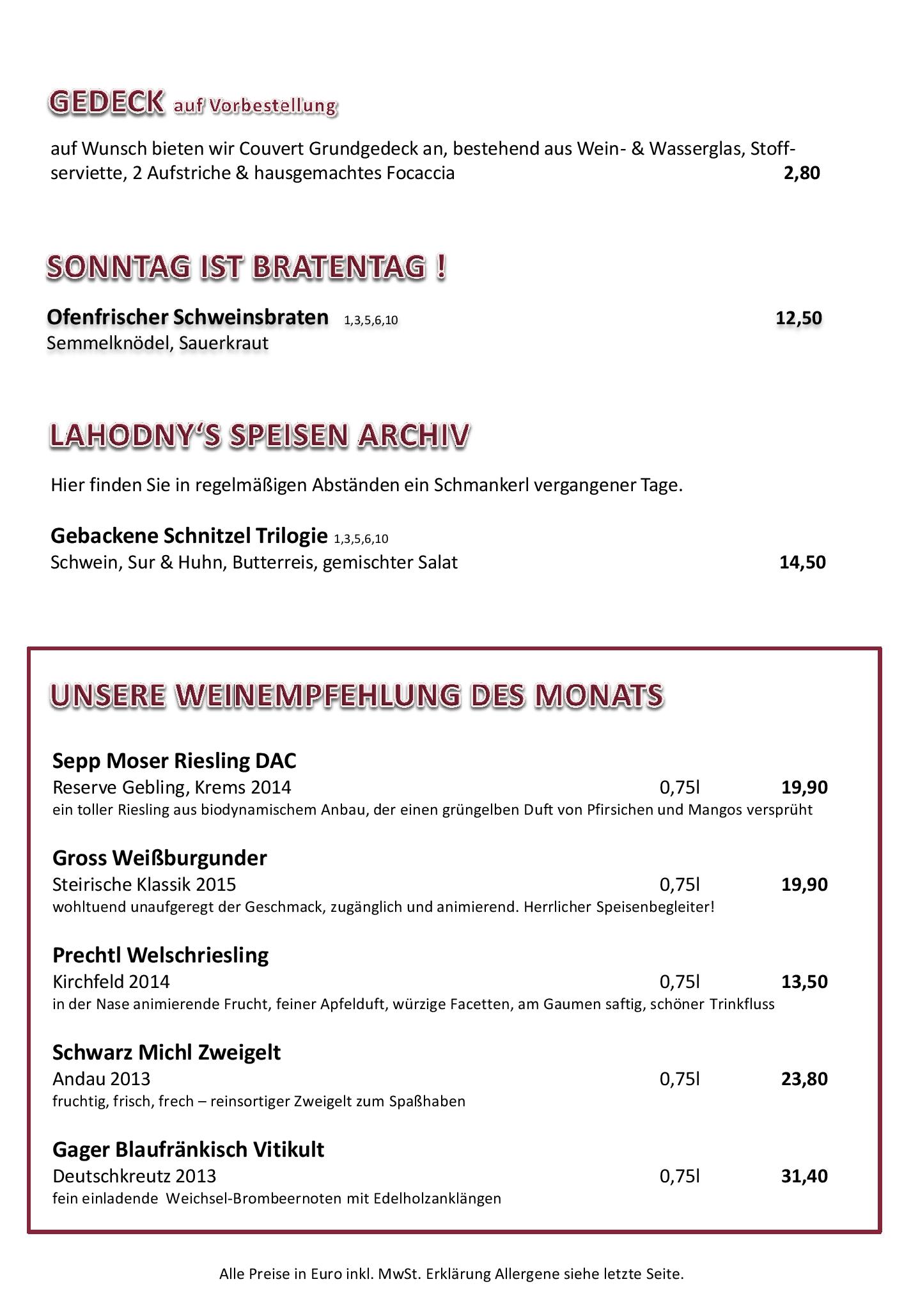 Speisekarte Lahodny Restaurant in Wien, Seite 1