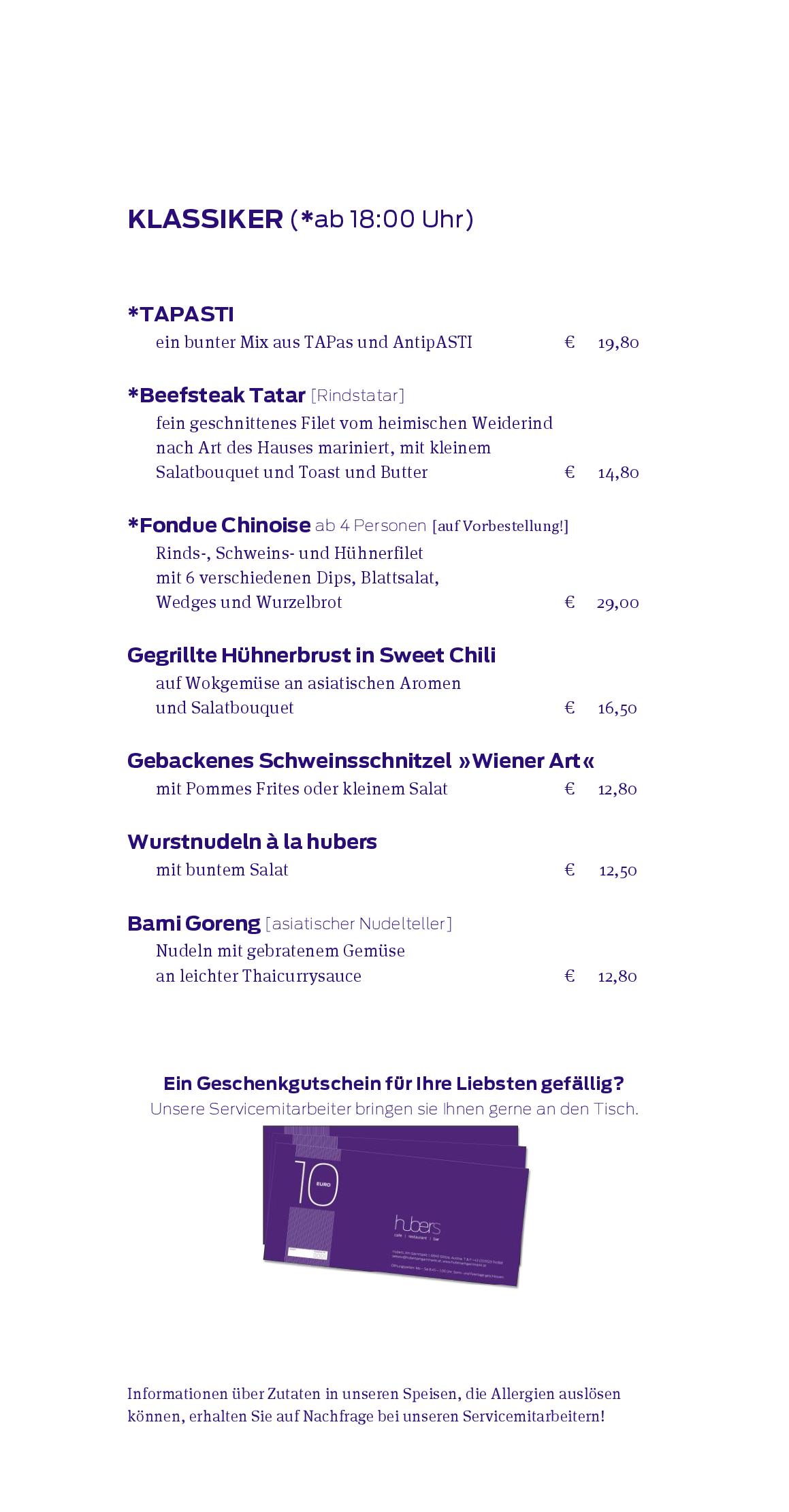 Speisekarte Hubers Cafe l Restaurant l Bar in Gotzis, Seite 2