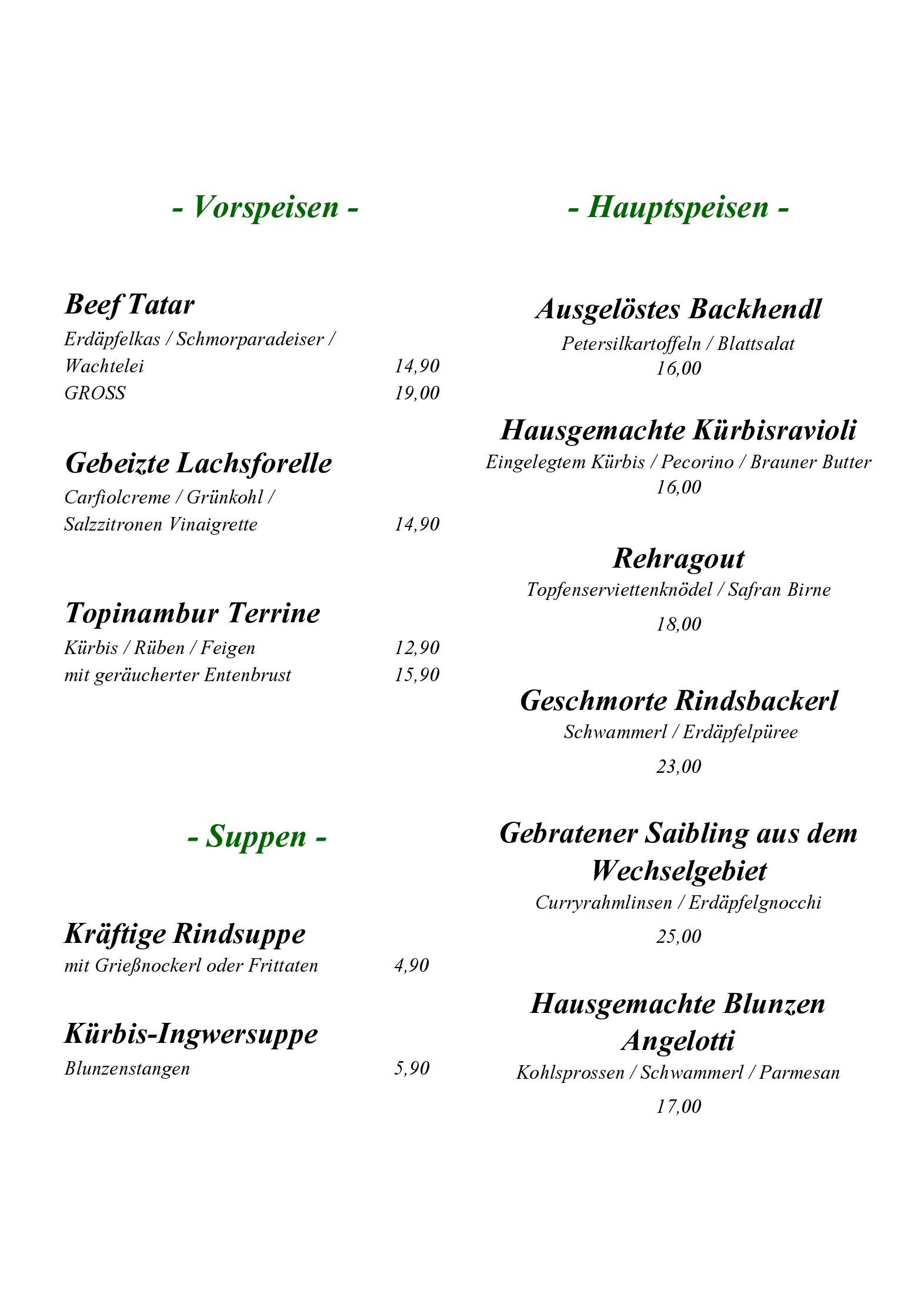 Speisekarte Der Knappenhof in Reichenau an der Rax, Seite 1
