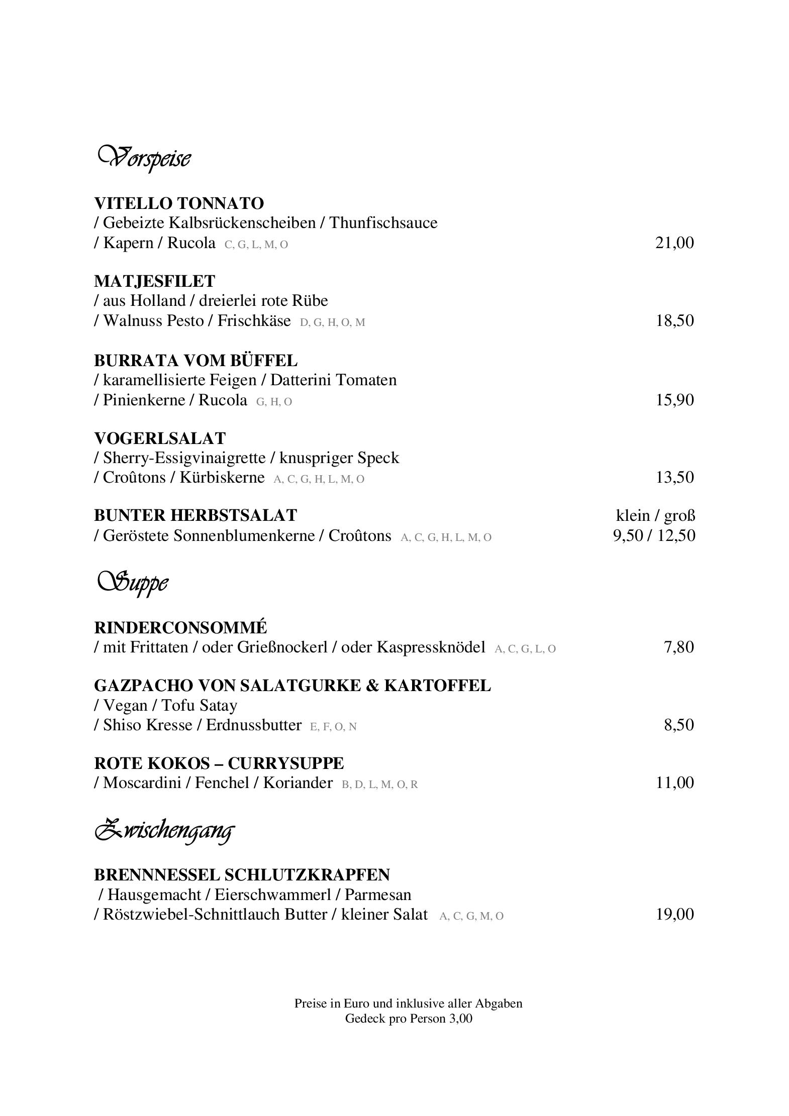 Speisekarte Hotel Zur Tenne in Kitzbühel, Seite 1