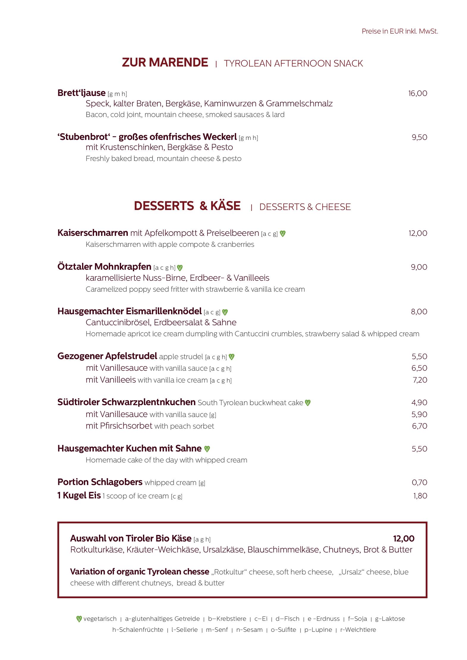 Speisekarte Tirolerstube Sölden in Sölden, Seite 1