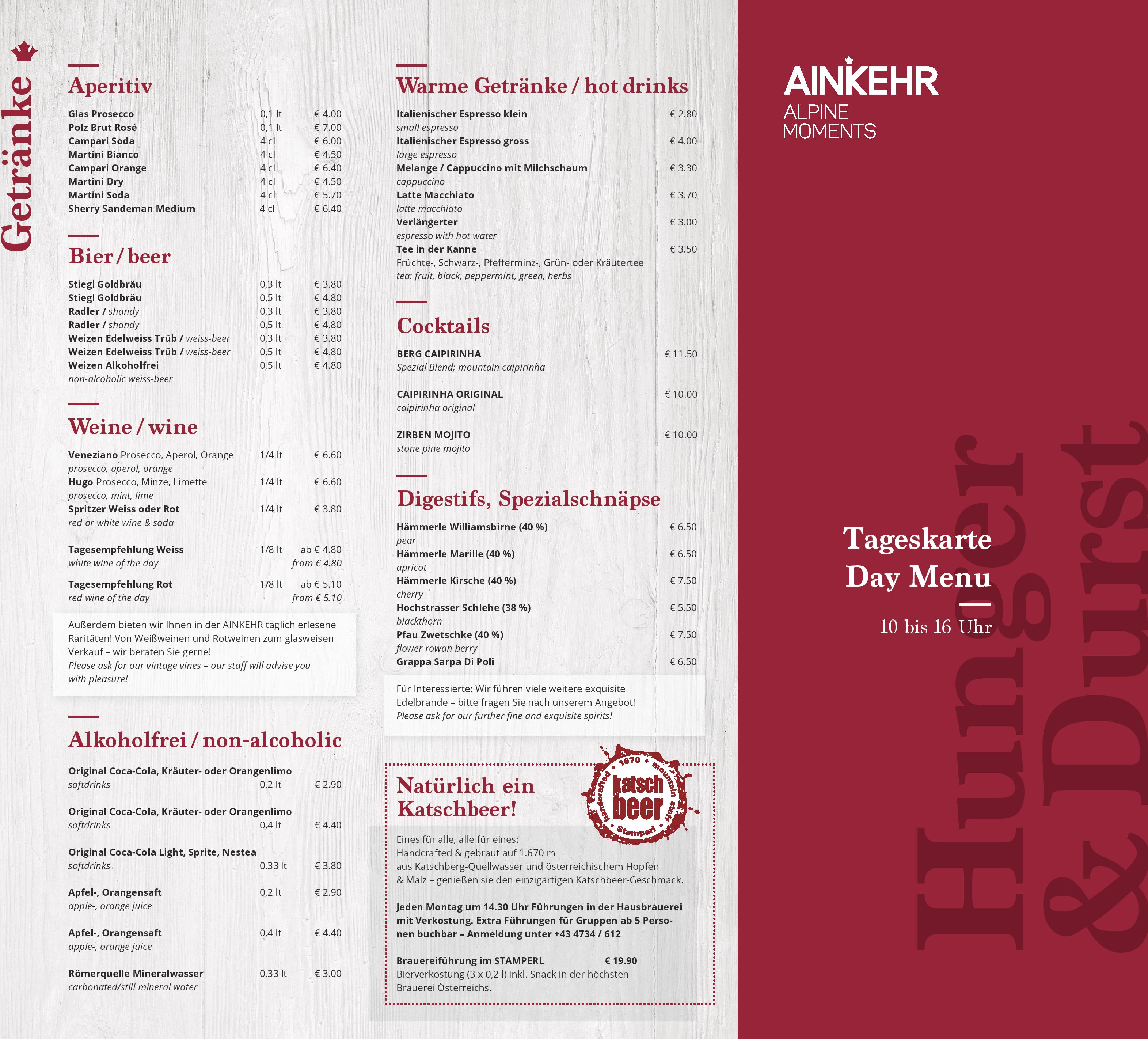 Speisekarte Restaurant Ainkehr Katschberg in Katschberghöhe, Seite 1