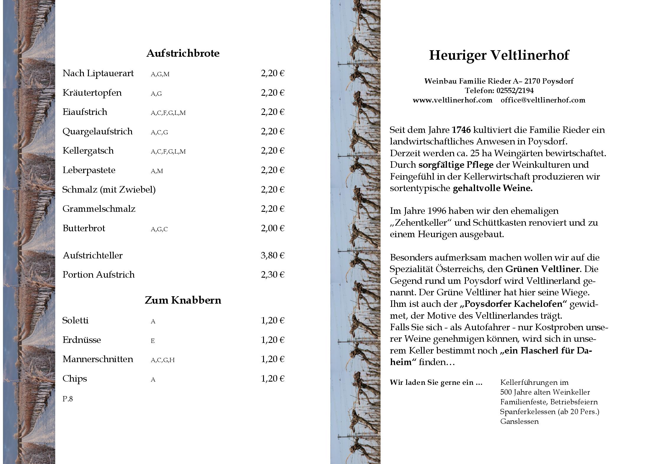 Speisekarte Heuriger Zum Poysdorfer in Poysdorf, Seite 1