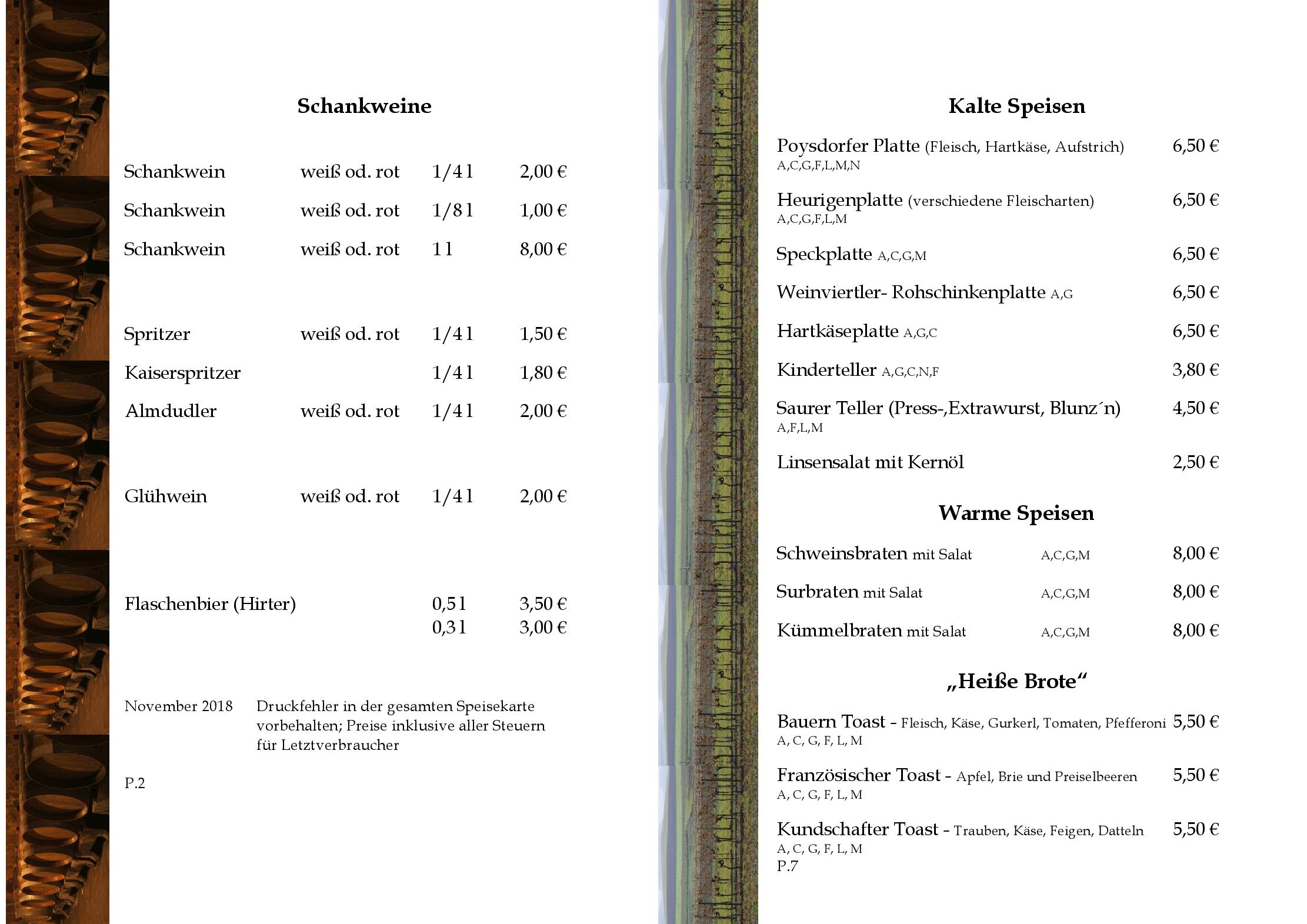 Speisekarte Heuriger Zum Poysdorfer in Poysdorf, Seite 2