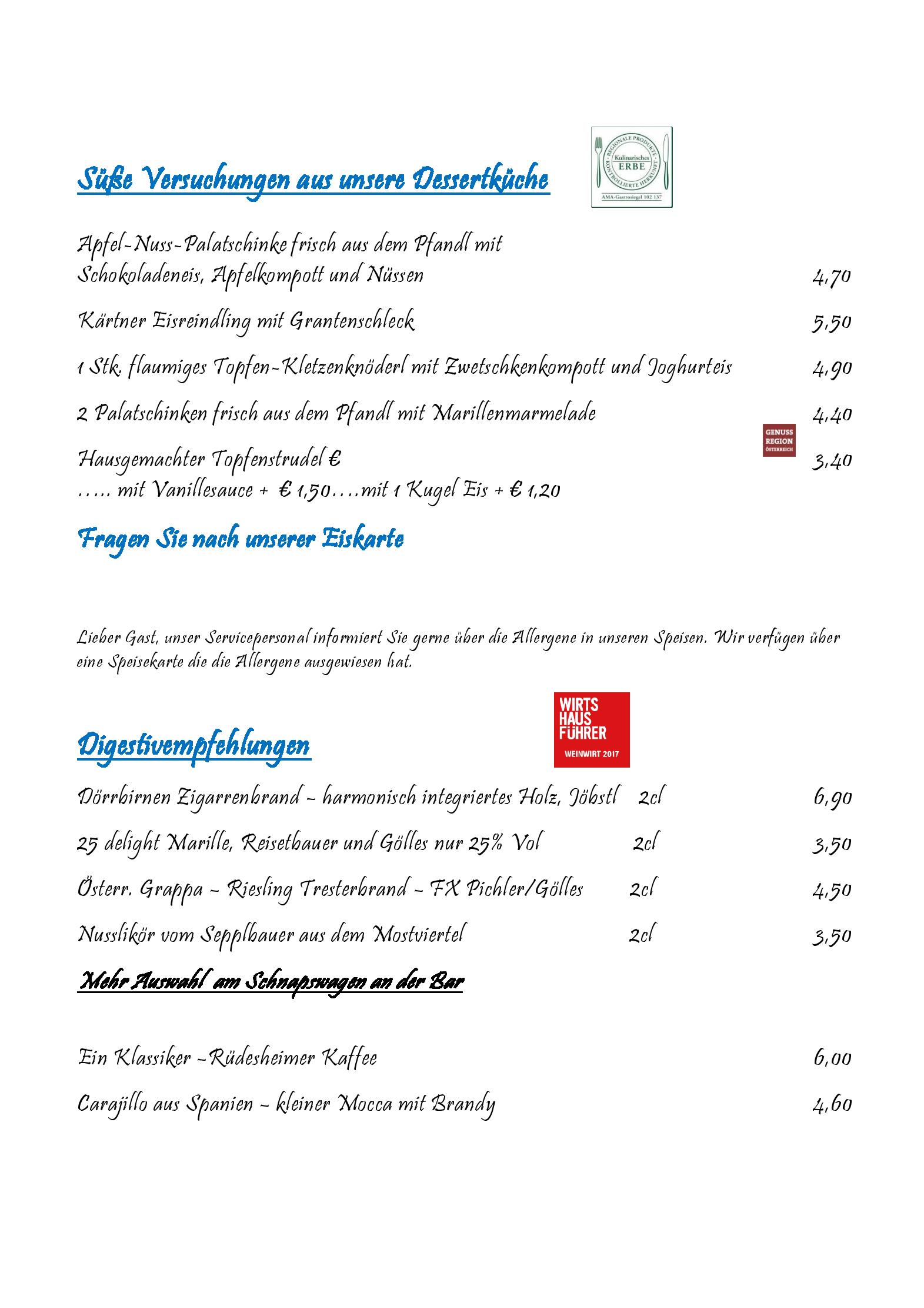 Speisekarte Strebersdorferhof in Wien , Seite 1